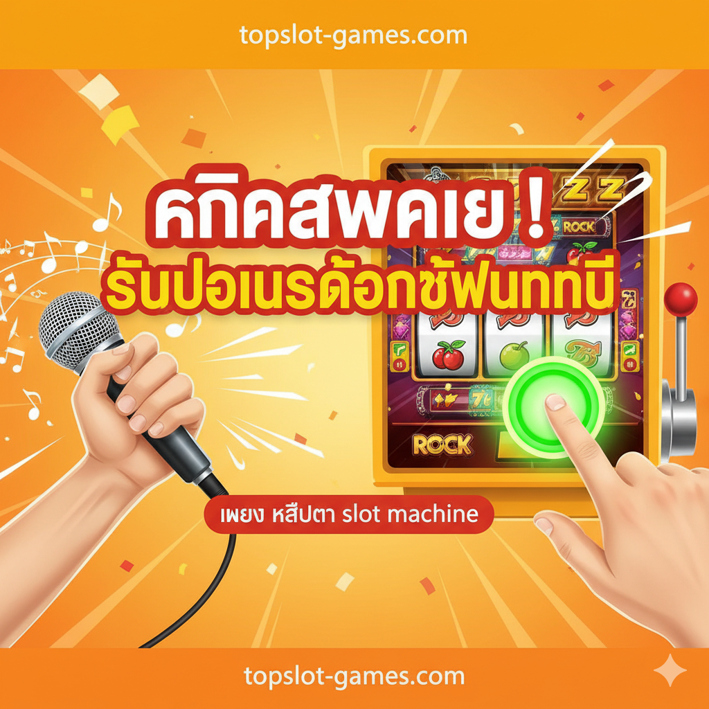 ภาพ สรุปและกระตุ้นการตัดสินใจ (Call to Action) เป็นภาพที่เน้นข้อความเชิญชวนให้ 'สมัครสมาชิก' ทันที ข้อความ CTA ขนาดใหญ่และโดดเด่นอยู่กลางภาพ เช่น 'คลิกสมัครเลย! รับโบนัสต้อนรับทันที' โดยมีภาพประกอบด้านข้างเป็นมือที่กำลังถือไมโครโฟนร้องเพลงอย่างมันส์สุดเหวี่ยง (จากฝั่งดนตรี) และมืออีกข้างกำลังกดปุ่ม Spin บนตู้สล็อต (จากฝั่งเกม) เน้นสีส้มและเหลืองที่สว่างสดใสเพื่อกระตุ้นความอยากรู้อยากเห็นและความตื่นเต้น สร้างความรู้สึกของการบรรจบกันของความบันเทิงทั้งสองรูปแบบ