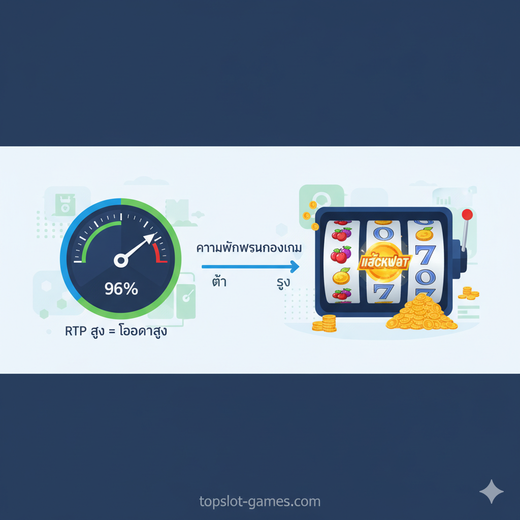 突出文章中关于RTP (Return to Player) 和 Volatility (ความผันผวน) 这两个核心概念的功能性图片。图片应采用信息图表的风格。左侧是一个圆形的RTP仪表盘，指针指向高百分比（例如96%），下方有“RTP สูง = โอกาสสูง”的泰语标注。右侧是两个对比鲜明的และ老虎机卷轴：一个卷轴（低波动性）显示许多小额胜利的符号和金币，另一个卷轴（高波动性）则罕见地显示一个巨大的แจ็คพอต符号和少量金币。中间用箭头连接，用简洁的泰语文字解释这两种类型的差异。配色方案清晰、专业，使用蓝色和绿色代表“数据”和“稳定”。