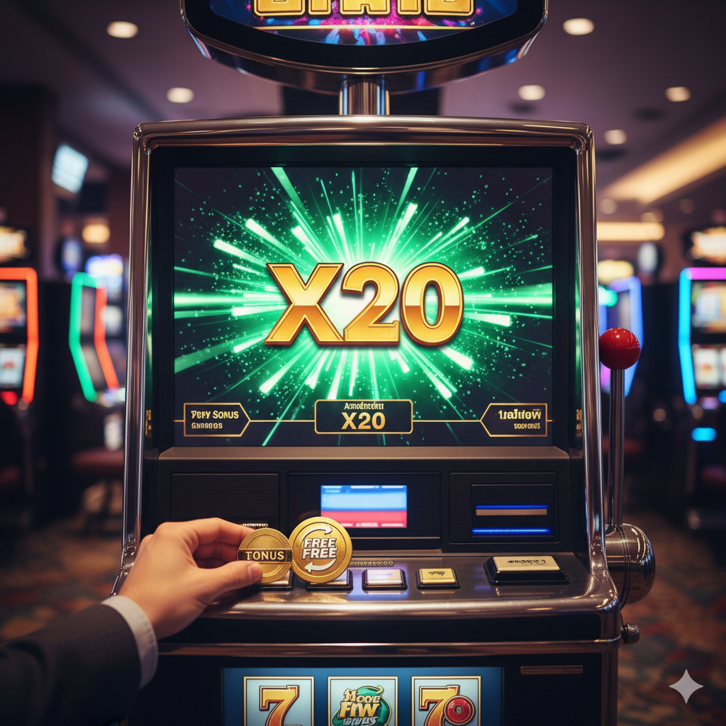 展示利用智能策略和奖金的优势图。核心元素应是一个正在翻倍 (Multiplier) 的老虎机屏幕，屏幕上巨大的数字显示着 “X10” 或 “X20”，象征奖励的巨大提升。在前景中，一只手正巧妙地将赌场提供的免费旋转 (Free Spins) 符号或โบนัส代币投入老虎机，暗示这是免费或低成本的投入。背景可以模糊地显示赌场环境，但焦点集中在“聪明地利用奖励”上。风格应充满活力และ激励性，突显“杠杆”และ“最大化收益”的概念。