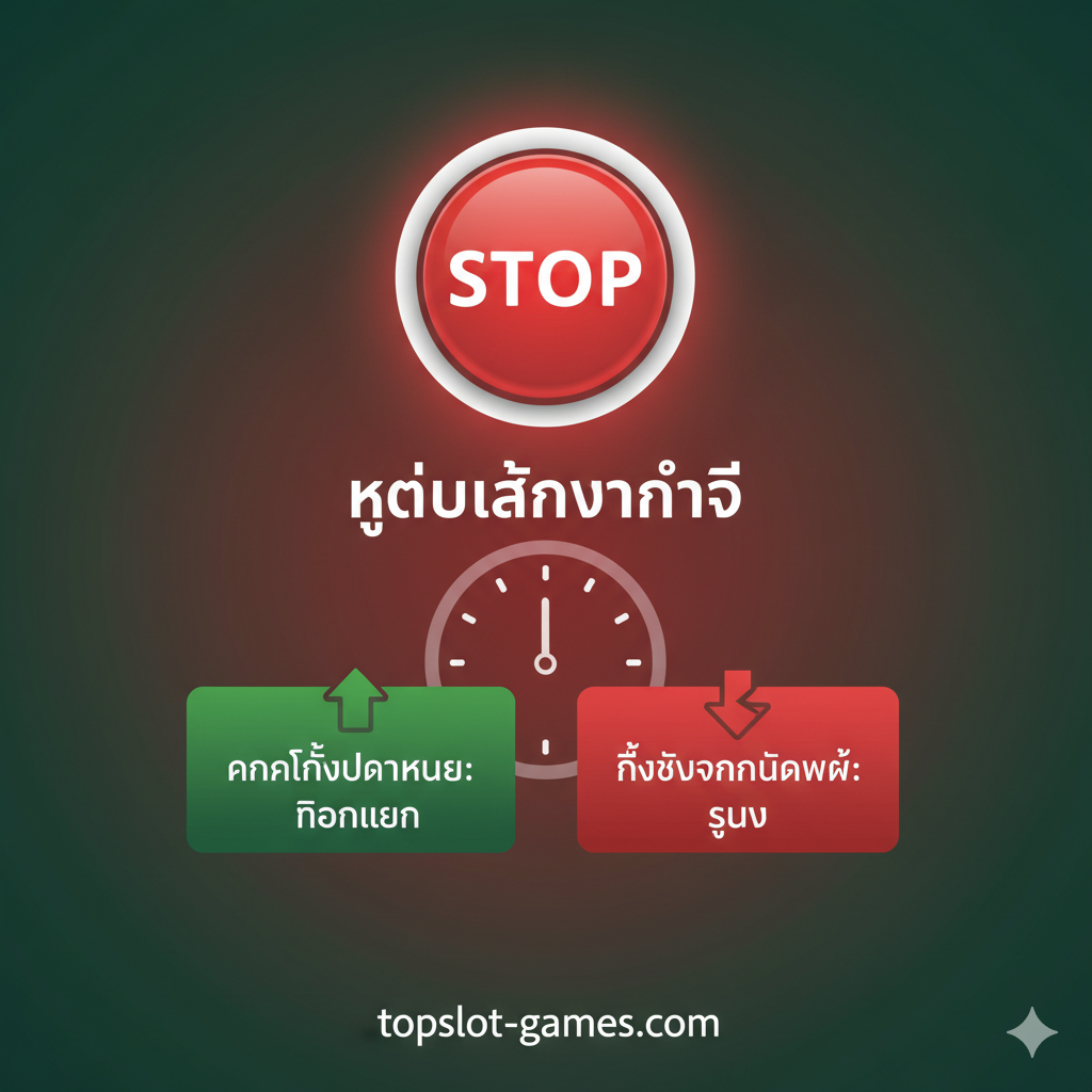 总结图片，强调负责任的博彩และรู้จังหวะถอนตัว（知道何时退出）。图片核心是一个大的红色停止 (STOP) 按钮或一个时钟。时钟的指针指向“หยุดเล่นทันที” (Stop Immediately) 的位置。在按钮或时钟下方，用泰语标注两个关键点：“กำไรถึงเป้าหมาย: ถอนเงิน” (Profit Goal Met: Withdraw) และ “ถึงขีดจำกัดแพ้: หยุด” (Loss Limit Reached: Stop)。使用相对柔和的灯光和色彩，如绿色代表“盈利/安全”，红色代表“警告/停止”，传达文章最终的理念：玩得聪明且负责任，并与topsot-games.com的专业形象保持一致。