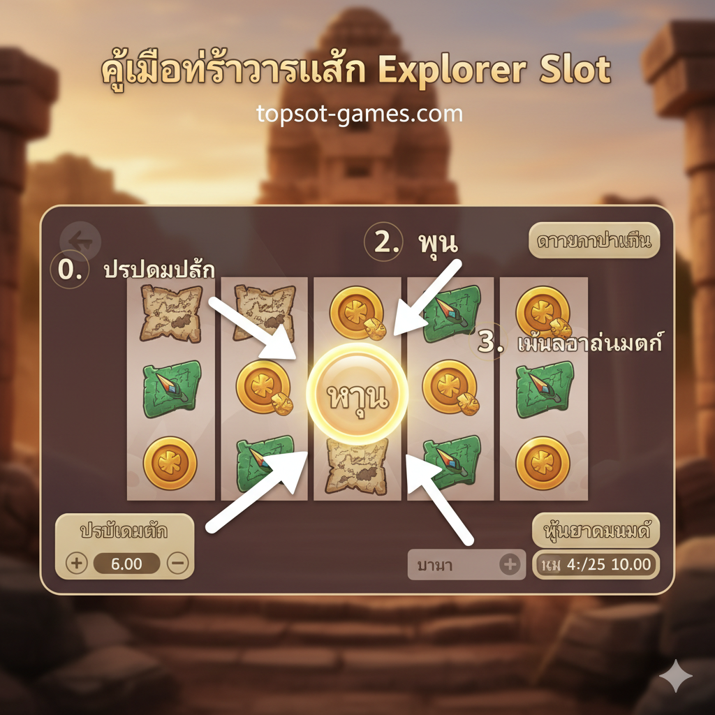 ภาพสอนการเล่นเกมสล็อต Explorer Slot สำหรับมือใหม่ โดยชี้ไปที่ปุ่มสำคัญ เช่น ตั้งค่าเดิมพัน ปุ่มสปิน และปุ่ม Auto Spin พร้อมลำดับการเล่น 1-2-3