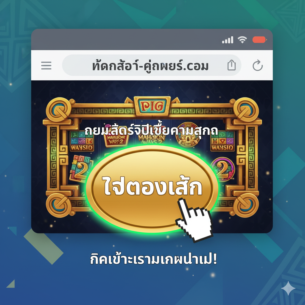 以文章重点提及的“PG Soft”免费试玩游戏为例,展示如何轻松开始游戏。图片应模拟用户界面,展示一个流行的PG游戏(如《Treasures of Aztec》或《Mahjong Ways 2》)的缩略图或加载界面。重点突出一个大大的“Play Demo”或泰文“ทดลองเล่น”按钮,配上一个手指向按钮点击的动作。构图风格为移动端或桌面端的浏览器截图模拟,背景是网站的简洁设计,色彩鲜艳且聚焦于游戏画面,向用户传达“点击即可玩”的简单步骤。