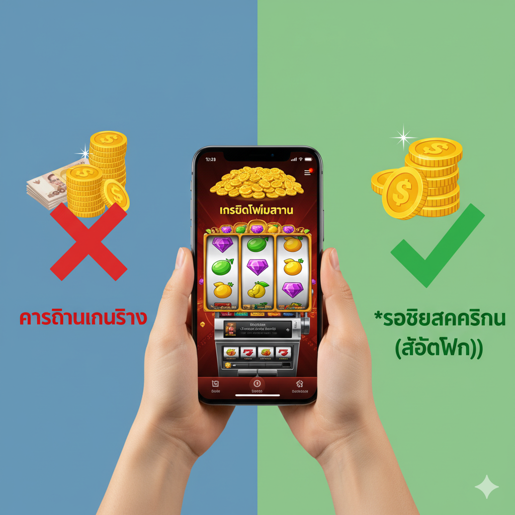 ภาพแสดงความแตกต่างระหว่าง Social Casino และ Real-Money Casino: จัดองค์ประกอบเป็นภาพเปรียบเทียบ (Dichotomy) ด้านซ้ายเป็นไอคอนเงินจริง (เหรียญ, ธนบัตร) มีกากบาทสีแดงและข้อความ 'Real Money Casino' ด้านขวาเป็นไอคอนเหรียญทองเสมือนจริง (Gold Coins) มีเครื่องหมายถูกสีเขียวและข้อความ 'Social Casino (Free Slot)' ตรงกลางมีมือถือที่แสดงแอปสล็อตที่มีเครดิตฟรีมากมาย เน้นสีที่ผ่อนคลาย (ฟ้า, เขียว) ทางด้าน Social Casino เพื่อสื่อถึงความปลอดภัยและสนุกสนานโดยไม่มีความเสี่ยงทางการเงิน เป็นภาพแนว Infographic ที่ชัดเจนและเข้าใจง่าย