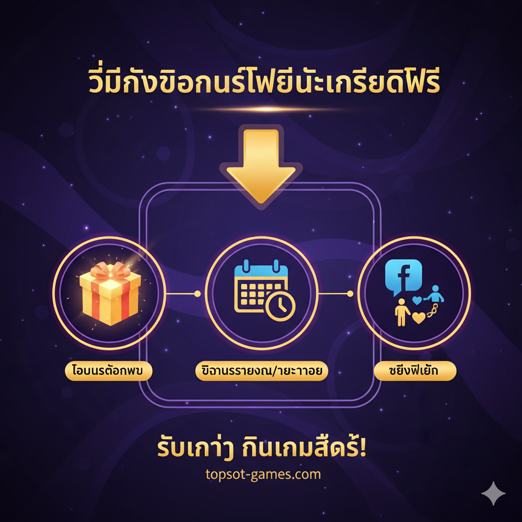 ภาพแสดงวิธีการรับ Free Bonus และ Free Credit: แสดง 3-4 ไอคอนหรือภาพย่อที่สื่อถึงแหล่งโบนัส: (1) กล่องของขวัญขนาดใหญ่ที่มีแสงสว่างพร้อมป้าย 'Welcome Bonus' (2) ปฏิทินที่มีสัญลักษณ์ 'Check-in' หรือนาฬิกาพร้อมป้าย 'Daily/Hourly Bonus' (3) ไอคอนโซเชียลมีเดีย (Facebook) พร้อมสัญลักษณ์ 'Invite Friends' องค์ประกอบทั้งหมดถูกจัดเรียงอย่างเป็นระเบียบในกรอบสี่เหลี่ยม หรือแผนผังความคิด (Mind Map) บนพื้นหลังสีม่วงหรือน้ำเงินเข้ม สื่อถึงขั้นตอนง่ายๆ ในการรับ 'Free Bonus' และ 'Free Credit' ในเกมสล็อต