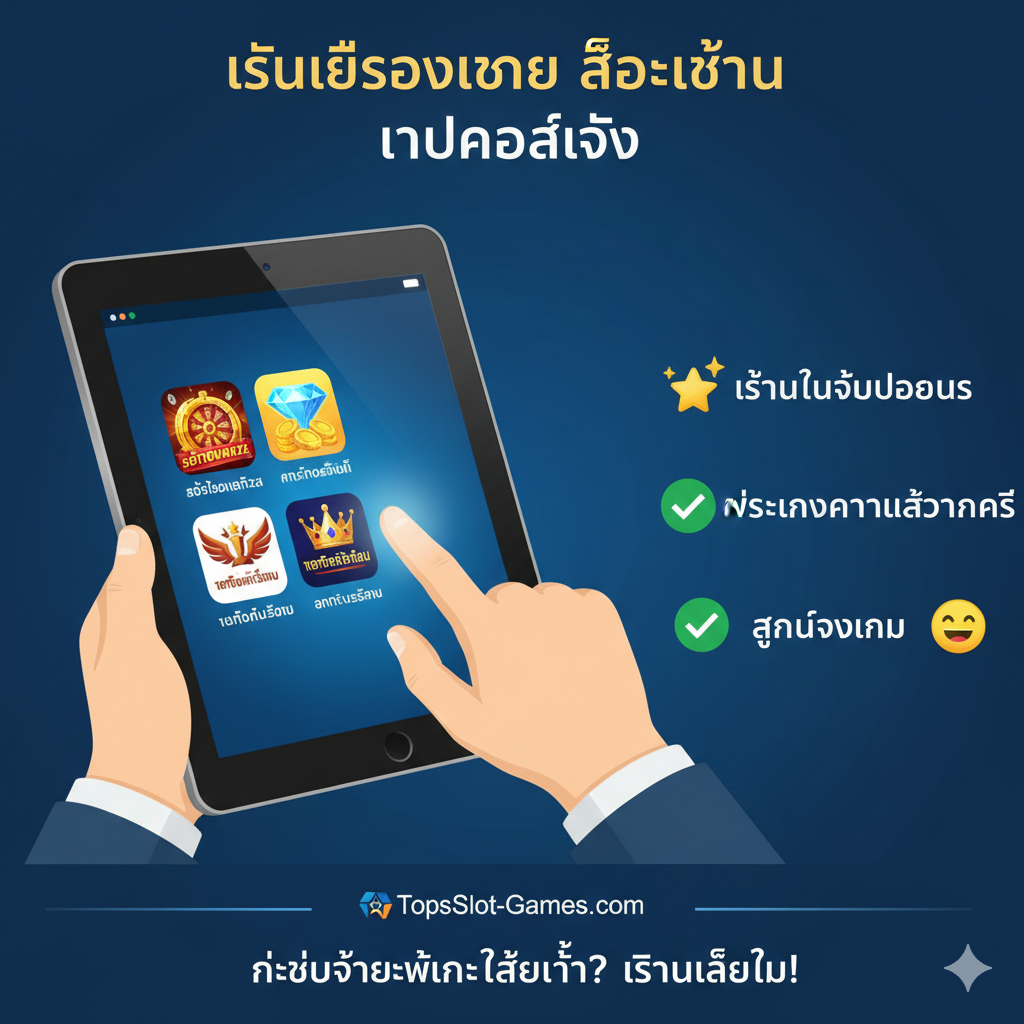 ภาพสรุปและคำแนะนำในการเลือกเกม: แสดงมือที่กำลังชี้ไปที่รายการแอปสล็อตยอดนิยม 3-4 อันดับ (อาจเป็นไอคอนเล็กๆ ของ Slotomania, Cashman Casino) ที่อยู่บนหน้าจอแท็บเล็ตขนาดใหญ่ ด้านข้างมีข้อความเน้นคำแนะนำหลัก 3 ข้อ ได้แก่ 'เริ่มต้นด้วยโบนัส', 'ตรวจสอบความเข้ากันได้', และ 'สนุกกับเกม' โดยใช้ไอคอนง่ายๆ เช่น ดาว, เครื่องหมายถูก, ยิ้ม, ประกอบข้อความ การจัดวางแบบเรียบง่ายแต่มีพลัง เน้นย้ำข้อความสรุปและคำแนะนำสุดท้ายจาก TopsSlot-Games.com เพื่อกระตุ้นให้ผู้เล่นเริ่มเล่น