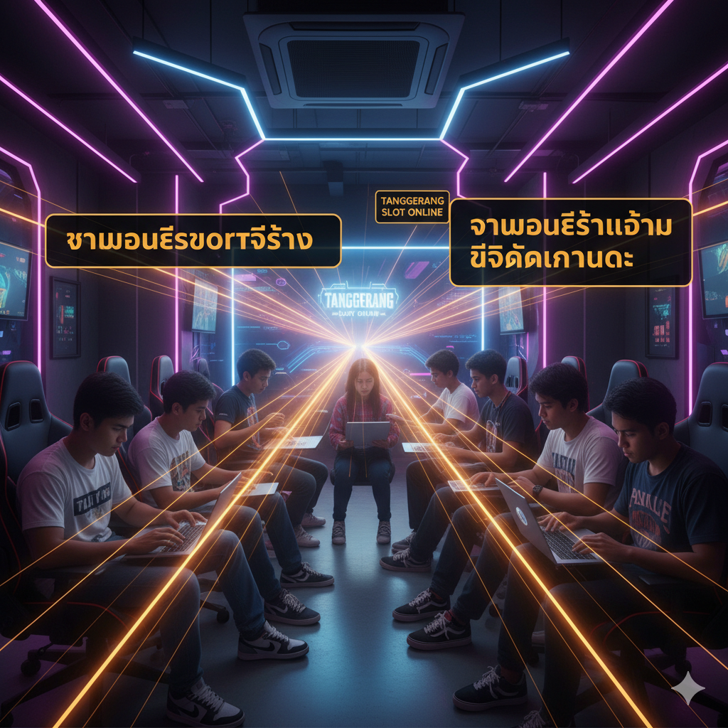 ภาพประกอบส่วน 'ทำไม Tanggerang ถึงเป็นหมุดหมายสำคัญ' เน้นไปที่ชุมชนเกมและโครงสร้างพื้นฐานด้านดิจิทัล ภาพแสดงกลุ่มวัยรุ่นใน Tanggerang ที่กำลังรวมกลุ่มกันใน Co-working Space หรือ Esports Arena ที่ทันสมัย แต่ละคนมีอุปกรณ์ดิจิทัล (แล็ปท็อป, มือถือ) และมีการเชื่อมต่ออินเทอร์เน็ตความเร็วสูงที่แสดงด้วยเส้นแสงที่พุ่งออกจากอุปกรณ์ไปยังศูนย์กลาง โทนสีส้มและเหลืองสื่อถึงพลังงานและความมีชีวิตชีวา เน้นบรรยากาศที่ 'ชุมชนเกมที่กำลังเติบโต' และ 'โครงสร้างพื้นฐานดิจิทัล' ซึ่งเป็นข้อได้เปรียบที่ทำให้ Tanggerang เป็นศูนย์กลางของความบันเทิงออนไลน์สำหรับคอเกมที่สนใจกิจกรรม 'tanggerang slot online' เชิงสร้างสรรค์