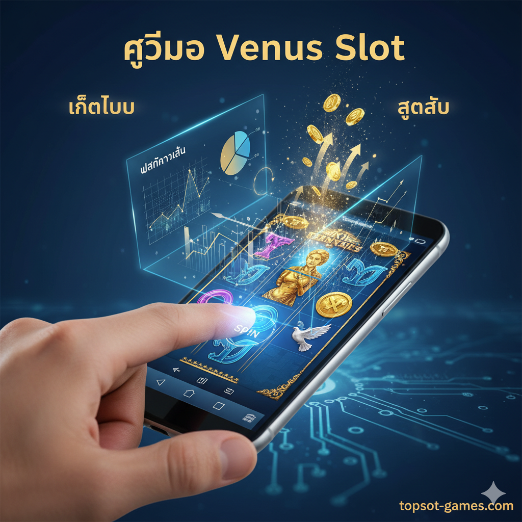 ภาพประกอบส่วนของ 'สูตร' หรือเทคนิคการเล่น แสดงภาพมือของนักเสี่ยงโชคที่กำลังกดปุ่ม 'Spin' บนหน้าจอโทรศัพท์มือถือหรือคอมพิวเตอร์อย่างมีสมาธิ โดยมีกราฟิกแสดงแผนภาพหรือแผนภูมิเล็กๆ ลอยอยู่ด้านบนเพื่อสื่อถึง 'การวางแผนการเล่น' หรือ 'Money Management' อาจใช้โทนสีฟ้า/น้ำเงินที่สื่อถึงความฉลาดและเทคนิค ผสมกับสีทองเพื่อสื่อถึงผลกำไร เน้นความน่าเชื่อถือและกลยุทธ์ตามที่บทความกล่าวถึง