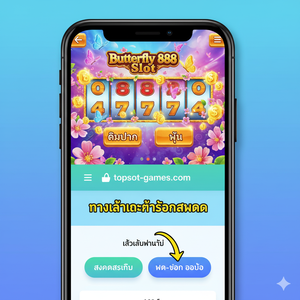 ภาพสำหรับส่วน 'ทางเข้าและขั้นตอนสมัคร' ควรเป็นภาพจำลองการเล่นเกมสล็อต Butterfly 888 Slot บนหน้าจอ โทรศัพท์มือถือ (แนวตั้ง) โดยแสดงหน้าจอเกมที่มีปุ่ม 'BET' (เดิมพัน) และปุ่ม 'SPIN' ที่ชัดเจน พร้อมกับขั้นตอนการ สมัครสมาชิก หรือ 'ฝาก-ถอน ออโต้' บนเว็บไซต์ topslot-games.com อาจมีลูกศรชี้ไปยังส่วนสำคัญของการใช้งาน เช่น 'ปุ่มสมัครสมาชิก' หรือ 'เข้าเล่นทันที' เพื่อเป็นคู่มือฉบับย่อ สีสันควรเป็นโทนสดใสและสะอาดตา สื่อถึงความง่ายในการเข้าถึงและการเล่นแบบ Mobile-First