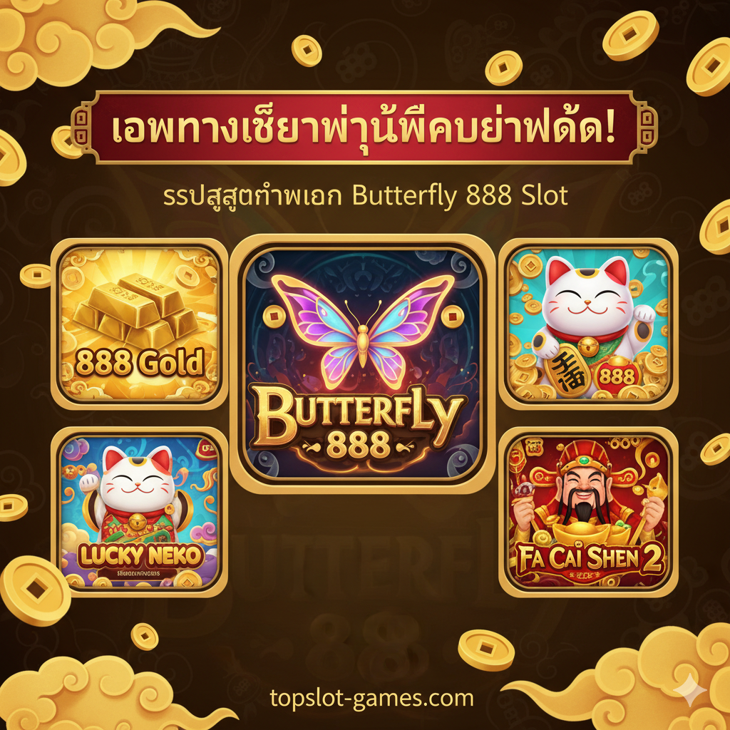 ภาพสรุปและเปรียบเทียบเกมทางเลือก ควรแสดงภาพไอคอนเกมสล็อตอื่นๆ ที่เกี่ยวข้อง เช่น 888 Gold, Lucky Neko, และ Fa Cai Shen 2 จัดเรียงอยู่ในรูปแบบ ตารางเปรียบเทียบ หรือ แบนเนอร์รวม โดยมีไอคอนของ Butterfly 888 Slot อยู่ตรงกลางหรือเด่นที่สุด มีข้อความภาษาไทยว่า 'เกมทางเลือกที่คุณไม่ควรพลาด!' หรือ 'สรุปสูตรทำเงิน Butterfly 888 Slot' สีสันหลากหลายเพื่อแสดงถึงความแตกต่างของธีมเกมแต่ละเกม แต่ภาพรวมยังคงรักษาธีมโชคลาภและเลขมงคล '888' เพื่อเชื่อมโยงกับเนื้อหาของบทสรุป