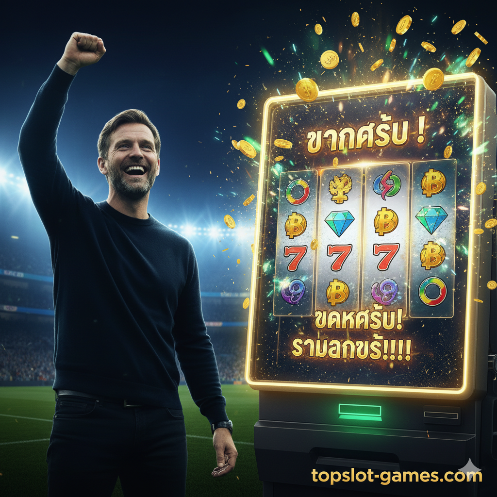 ภาพแสดงคุณสมบัติ 'แตกง่าย' ของ Slot Game โดยเน้นการจัดวางที่ตัดกันระหว่างโลกฟุตบอลและเกมคาสิโน ครึ่งซ้ายเป็นภาพเงาของ อาร์เน สล็อต ที่ยกแขนขึ้นด้วยความดีใจ (สไตล์ชัยชนะในสนาม) ครึ่งขวาเป็นหน้าจอ Slot Machine สว่างไสวที่แสดงสัญลักษณ์ 'JACKPOT' หรือ 'BIG WIN' แตกออกมาอย่างรุนแรงด้วยแสงสีทองและสีเขียวสะท้อนออกมาที่ใบหน้าของเขาเล็กน้อย เน้นโทนสีน้ำเงิน-ทอง เพื่อสื่อถึงความหรูหราและความรวยของเว็บไซต์ topslot-games.com
