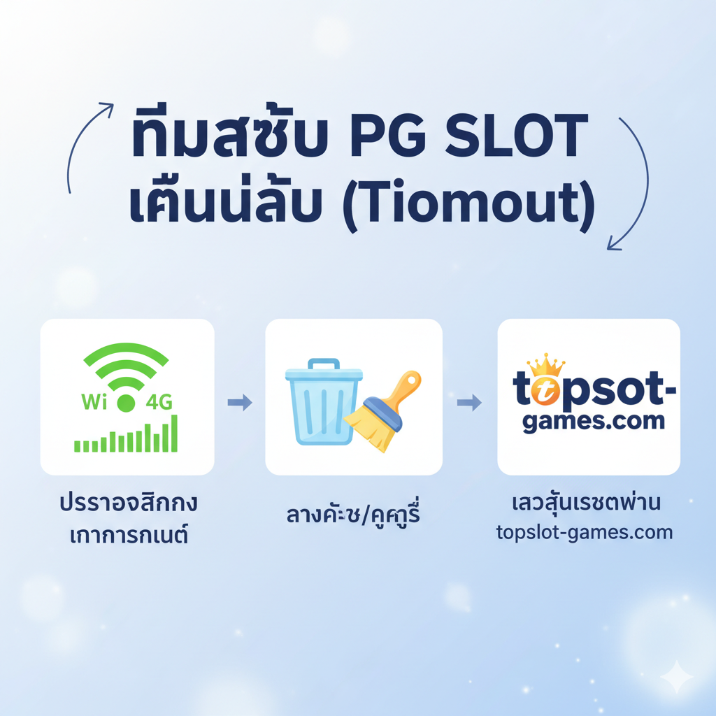 ภาพประกอบคำแนะนำการแก้ไขปัญหา 'PG SLOT Timeout' เบื้องต้น โดยจัดวางเป็นขั้นตอนที่เข้าใจง่าย ภาพแบ่งเป็นสามส่วนย่อย: 1. ไอคอน Wi-Fi/4G ที่แสดงสัญญาณเต็ม (การตรวจสอบสัญญาณ) 2. รูปไอคอนถังขยะหรือแปรงปัด (การล้างแคช/คุกกี้) 3. โลโก้ 'topslot-games.com' ที่เป็นทางเข้าที่เสถียร ภาพรวมใช้โทนสีสว่างและมีลูกศรนำทางจากปัญหาไปสู่การแก้ไขอย่างเป็นระบบ มีข้อความภาษาไทยกำกับแต่ละขั้นตอนสั้นๆ เพื่อให้เป็นภาพ 'How-to' ที่มีประโยชน์