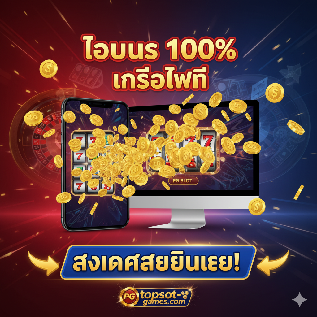 ภาพสรุปและกระตุ้นการตัดสินใจ (Call-to-Action) ที่มีพลังงานสูง เน้นโปรโมชั่น 'โบนัส 100%' และ 'เครดิตฟรี' จัดวางเหรียญทองจำนวนมากที่พุ่งออกมาจากหน้าจอโทรศัพท์หรือคอมพิวเตอร์ มีข้อความขนาดใหญ่ที่เชิญชวนให้ 'สมัครสมาชิก' ที่ topslot-games.com ใช้สีสันสดใส เช่น แดง, ทอง, และน้ำเงิน เพื่อสื่อถึงความน่าตื่นเต้นและโอกาสในการทำกำไร มีพื้นที่สำหรับข้อความ CTA ชัดเจน พร้อมลูกศรชี้ไปที่โลโก้เว็บ เพื่อให้ผู้เล่นรู้สึกอยากคลิกเข้าสู่ระบบทันที