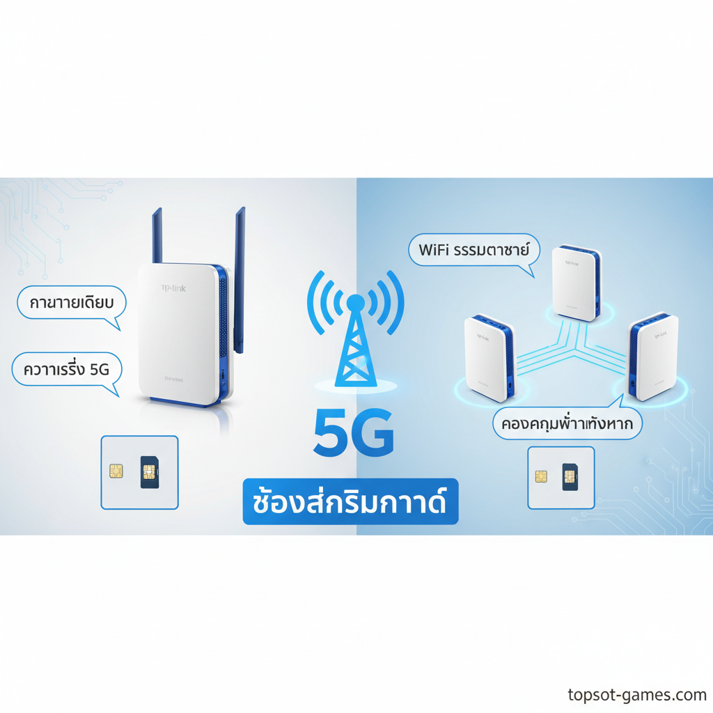 一张展示TP-Link NX510V和Deco X50-5G两个主要型号对比的功能图。图片采用分屏对比的构图：左侧是NX510V（单台路由器），配上'Single Router'和'5G Speed'的文字气泡；右侧是Deco X50-5G Mesh系统（多台小节点），配上'Mesh Wi-Fi'และ'Whole Home Coverage'的文字气泡。中间用一个醒目的5G信号塔标志作为连接，强调两者都具备'SIM Card Slot'功能。色彩保持科技蓝และ白色调，视觉上清晰地区ฟน'Router'และ'Mesh'两种应用场景。