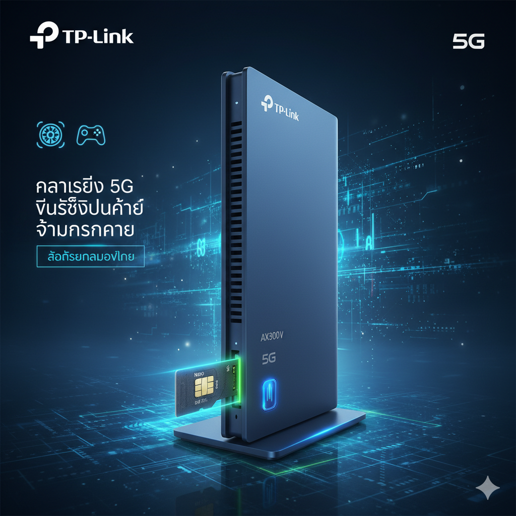 一张关于'如何插入SIM卡'的教程图。特写镜头聚焦于TP-Link路由器（例如NX510V的底部）的SIM卡槽。用手或镊子将一张Nano-SIM卡按照正确的方向（有切角的一边）轻轻插入卡槽，卡槽周围用虚线框或箭头指示正确的方向和操作。在图片上用泰文标注'ปิดเครื่องก่อนใส่ซิม'（插入前请关机）和'ใช้ Nano-SIM'（使用Nano-SIM）的关键步骤。构图应简洁明ลอ，突出操作步骤，背景模糊化以突出主体。