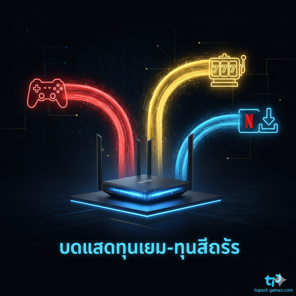 一张总结性的图片，将路由器、游戏และ博彩元素结合。主体是NX510V或Deco X50-5G路由器模型，จาก路由器发出三条数据流（用不同颜色的光线表示）：一条流向一个'游戏手柄'图标，一条流向一个'老虎机'图标，一条流向一个'Netflix/下载'图标。突出显示通往游戏手柄และ老虎机的光线更粗、更亮，代表QoS（Quality of Service）功能正在优先处理这些数据流。画面风格应是动态的、高科技感的，泰文标语可简洁写上'ลดแลคทุกเกม-ทุกสล็อต'（减少所有游戏-所有老虎机的延迟）。