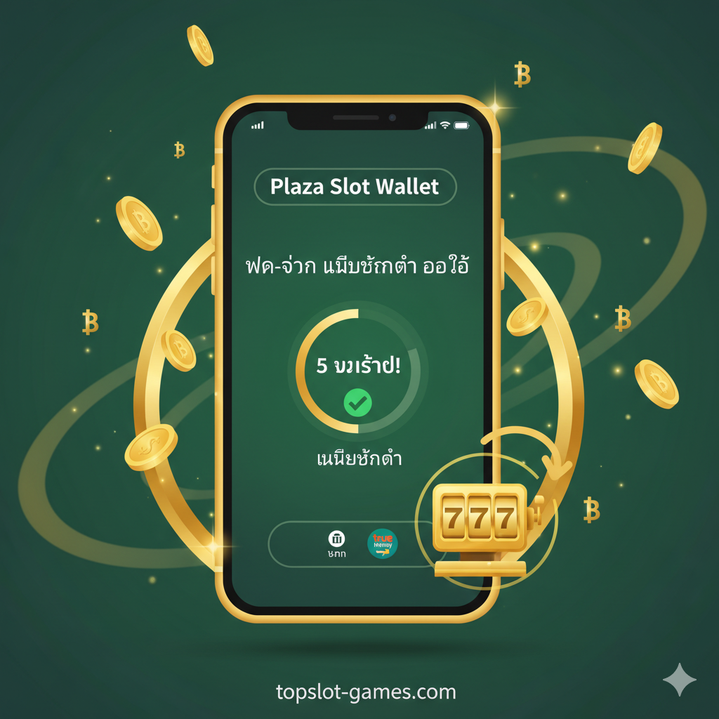 突显'Plaza Slot Wallet ฝาก-ถอน ไม่มีขั้นต่ำ ออโต้'优势图。核心元素是一个手机钱包界面,显示'5 วินาที!'的交易速度和'ไม่มีขั้นต่ำ'的文字。下方并排放置银行Logo和True Money Wallet Logo的小图标,用一个环绕的箭头连接至老虎机图标,强调全覆盖和便捷性。背景可以有金色硬币或泰铢符号漂浮,营造财富和流畅的金融体验。配色上使用金色和绿色来代表金钱และปลอดภัย。