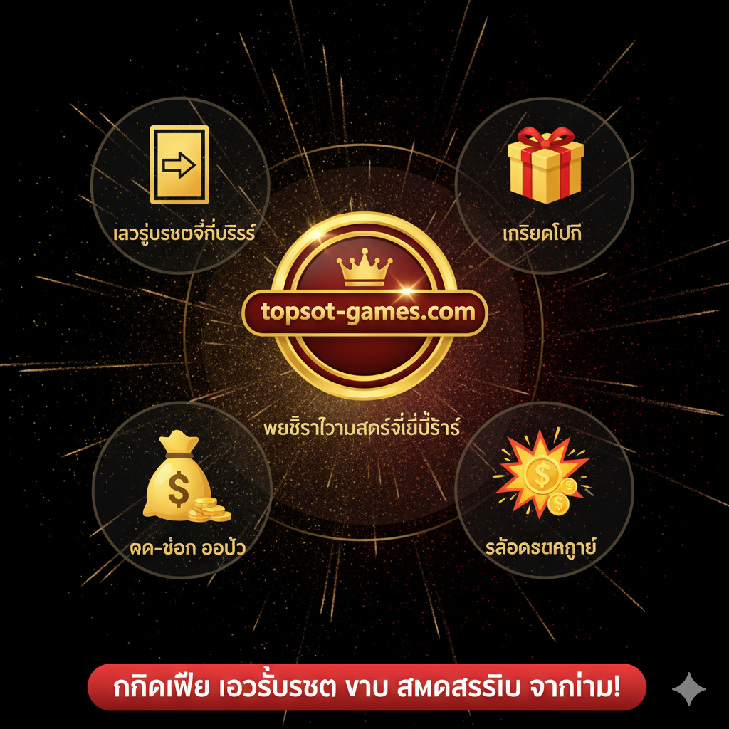 总结图片,强化topslot-games.com作为Plaza Slot Login最佳入口的品牌定位。图片中央是'topslot-games.com'的Logo或品牌名称,周围环绕着四个关键利益点的小图标:1. Best Login (Login图标)、2. Free Credit (礼物图标)、3. Auto Wallet (钱袋图标)、4. Easy Slot Break (爆炸的星星/中奖图标)。整体构图呈圆形或星形发散,色彩使用品牌主色调(假设为红/金/黑),营造出权威และ全面服务的รู้สึก,鼓励用户'คลิกเพื่อ เข้าสู่ระบบ หรือ สมัครสมาชิก ตอนนี้'。