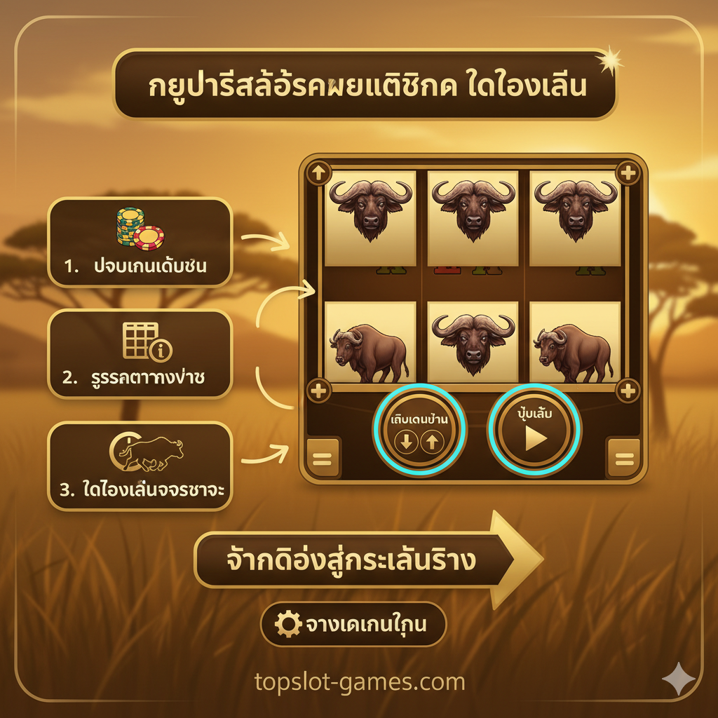 一张教程或策略指导图,以流程图或操作界面的形式展示。核心是一张游戏屏幕截图(或模拟图),侧重于用户界面中的“Bet/Wager (เงินเดิมพัน)”和“Spin/Play (ปุ่มเล่น)”区域。旁边มีสาม視覺化的步驟指示或小圖標:1. 調整籌碼(圖標:籌碼堆);2. 觀察賠率表(圖標:表格/i符號);3. 免費試玩抓時機(圖標:水牛/時鐘)。整體採用簡潔明快的卡片式設計,用箭頭引導觀看者了解“從Demo到實戰”的流程,強調“จัดการเงินทุน” (資金管理)。