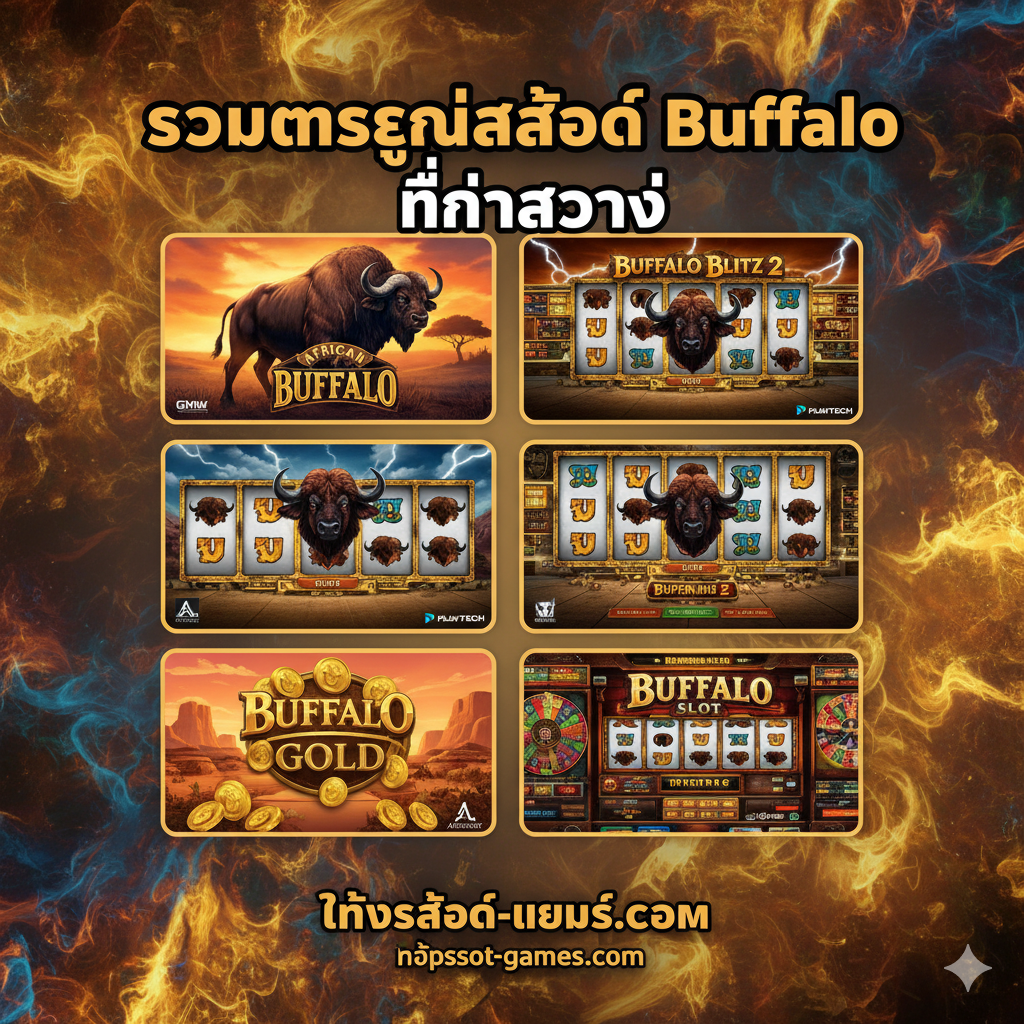 优势或合集图,展示文章中推荐的“Buffalo Slots Collection”。画面采用拼贴或九宫格布局,展示四款不同的“Buffalo”主题老虎机游戏Logo或截图(如:African Buffalo, Buffalo Blitz 2, Buffalo Gold, Buffalo Slot Original)。每张小图下方或旁边มี品牌Logo(GMW, Aristocrat, Playtech等)。主标题突出“The Ultimate Buffalo Slots Collection”或“รวมตระกูลสล็อต Buffalo ที่น่าสนใจ”以泰语呈现。色彩丰富หลากหลาย,象征选择的多样性,让玩家รู้สึกถึง丰富的เกม资源。