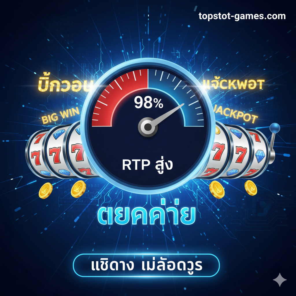 一张优势特点图,强调高RTP和'แตกง่าย'(容易爆奖)的公平性。核心元素是一个醒目的仪表盘或进度条,指针指向高百分比区域(例如98% RTP),并在旁边标注'RTP สูง'。同时,图片中应有老虎机图形元素,其中'BIG WIN'หรือ'JACKPOT'的字样正在闪烁。背景采用深蓝色和电光效果، เพื่อให้เด่นชัดว่ามีเทคโนโลยีและยุติธรรม 下方应有文字强调'เว็บตรง ไม่ล็อคยูส'(直营网站,ไม่锁定用户)