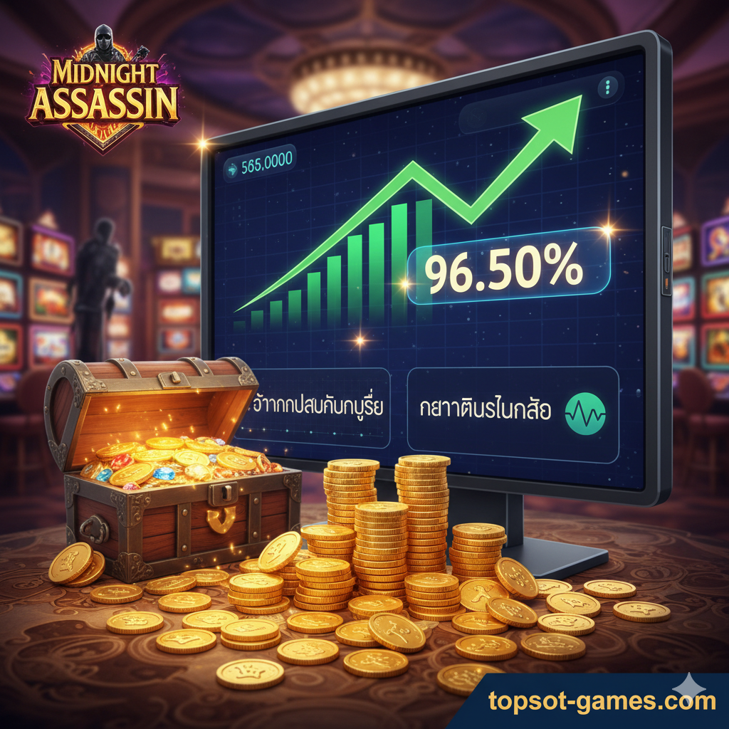 รูปภาพ advantage_rtp: แผนภาพข้อมูลที่เน้นย้ำถึง RTP 96.50% และความผันผวนสูงของ Midnight Assassin Slot เพื่อสื่อถึงศักยภาพการทำกำไร