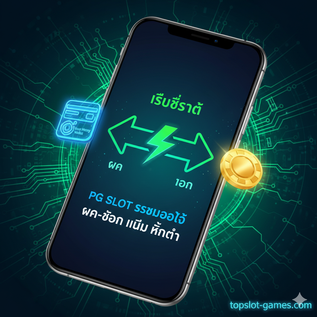 一张体现功能特性的图片,重点突出PG SLOT ระบบออโต้และฝาก-ถอน ไม่มี ขั้นต่ำ.构图应展示一个流线型的手机屏幕,屏幕上显示一个快速交易的动画,一侧是一个银行卡图标และTrue Money Wallet图标,另一侧是一个金色筹码图标.使用绿色และ蓝色作为主色调,象征速度、安全และ“ไม่มีขั้นต่ำ”的便捷性.画面中心用一个闪电符号连接“ฝาก”และ“ถอน”两个箭头,强调“เร็วที่สุด”（最快）的online slot服务.背景可加入微芯片电路板纹理,增强科技感.
