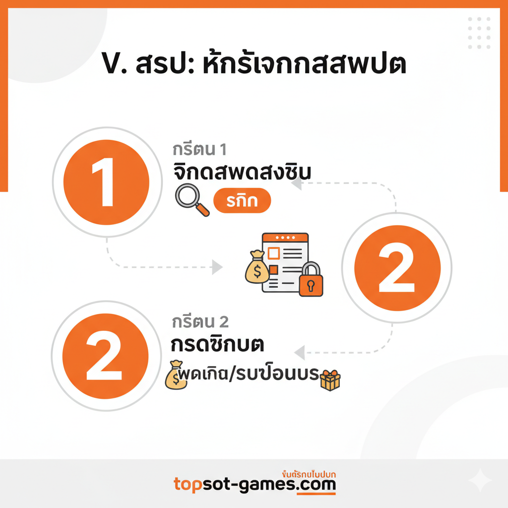 一张展示教程步骤的图片,用于说明“V. สรุป: ขั้นตอนการสมัคร”.构图采用信息图表风格,用三个数字步骤（1、2、3）来指导用户สมัคร (注册).每个步骤应有一个简洁的泰语标题和对应的图形符号：步骤1:“คลิกสมัครสมาชิก”（放大镜或点击按钮图标），步骤2:“กรอกข้อมูล”（表格或钥匙图标），步骤3:“ฝากเงิน/รับโบนัส”（钱袋或礼包图标）.整体设计应干净、清晰、流程化,使用亮橙色或品红色作为行动号召色,底色为白色或浅灰色,确保信息易读,并配上topslot-games.com的logo在底部.