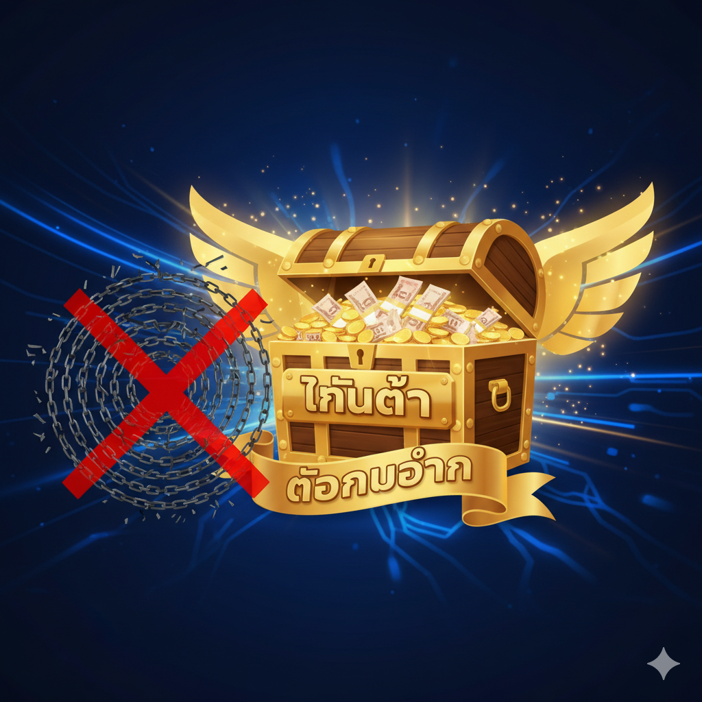 一张体现优势特点的图片,重点宣传PG SLOT เครดิตฟรีและเทิร์นโอเวอร์ต่ำ.画面应为一个对比或胜利的场景.主体是一个巨大的金色奖杯或超大宝箱,代表โบนัส.宝箱上贴有一个醒目的“เทิร์นต่ำ”（低周转）标签,旁边是一个被打叉的复杂迷宫或锁链（代表高门槛）.周围散落着闪光的硬币และ泰铢纸币.风格应是充满活力และ信任,使用蓝色และ金色强调gambling website的诚实และ高价值,突出ถอนไม่อั้น（无限提款）的承诺.