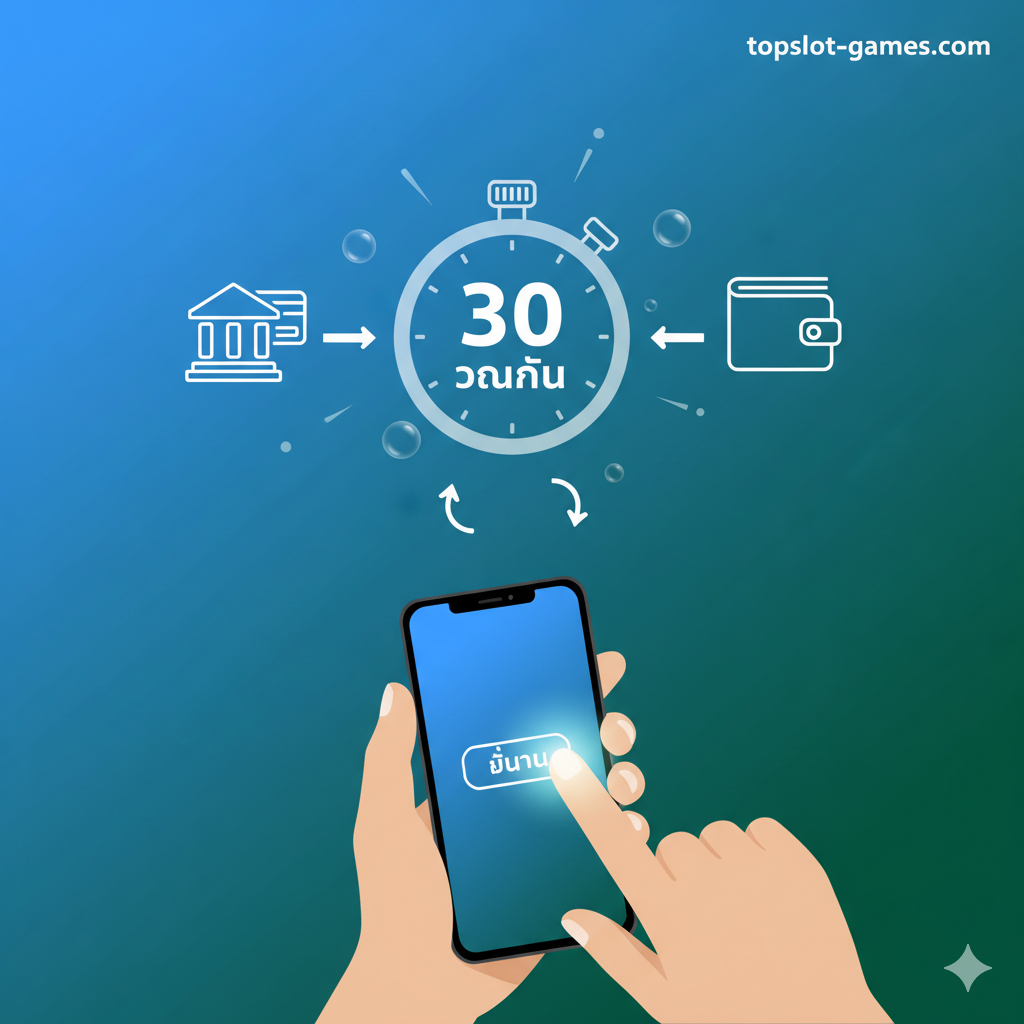 ภาพแสดงถึงคุณสมบัติเด่นของเว็บไซต์ topslot-games.com นั่นคือ ระบบฝาก-ถอนออโต้ 30 วินาที โดยภาพควรมีองค์ประกอบของนาฬิกาจับเวลา (Stopwatch) ที่แสดงตัวเลข '30 วินาที' หรือ '30 Sec' พร้อมกับไอคอนของธนาคาร/กระเป๋าเงิน (Wallet Icon) และลูกศรที่สื่อถึงการทำธุรกรรมที่รวดเร็วและต่อเนื่อง พื้นหลังควรเป็นสีฟ้าสดใสหรือสีเขียว (สื่อถึงความเร็วและความปลอดภัยทางการเงิน) อาจมีภาพมือที่กำลังแตะหน้าจอสมาร์ทโฟนเพื่อยืนยันการทำธุรกรรม แสดงให้เห็นถึงความสะดวกสบายในการทำธุรกรรมผ่านมือถือ เน้นความเรียบง่าย โปร่งใส และความรวดเร็วของระบบ