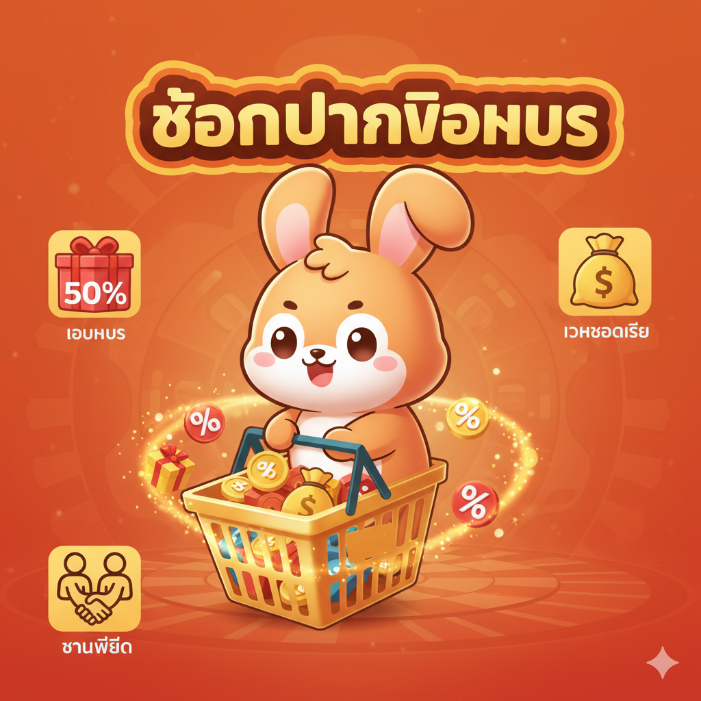 ภาพแสดงถึง ข้อได้เปรียบ/โปรโมชั่น 'ช้อปปันโบนัส' โดยมีธีมของการ 'ช้อปปิ้ง' หรือ 'การแจกจ่าย' ที่มีความสุข ภาพควรมีตัวละครมาสคอตน่ารักๆ (ถ้ามี) หรือมือที่กำลังถือตะกร้าช้อปปิ้ง (Shopping Cart) ที่เต็มไปด้วยไอคอนโบนัส/เครดิตฟรี (Gift Box, Coin Bag, % Sign) พื้นหลังควรเป็นสีส้มหรือสีแดงเพื่อดึงดูดความสนใจ อาจมีการแยกไอคอนโปรโมชั่นเด่นๆ เช่น '50% โบนัส', 'คืนยอดเสีย', และ 'ชวนเพื่อน' จัดวางอยู่รอบๆ องค์ประกอบหลัก เพื่อเน้นย้ำถึงความคุ้มค่าและสิทธิพิเศษที่สมาชิกจะได้รับตามแนวคิด 'ช้อป' และ 'ปัน'