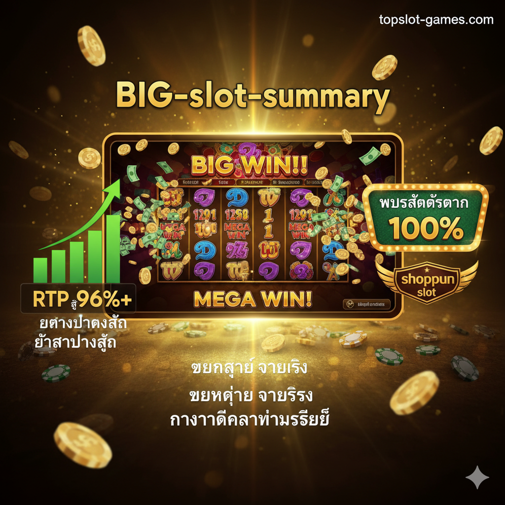 ภาพสรุปที่เน้นย้ำความน่าเชื่อถือและการันตี 'แตกง่าย' ภาพควรเป็นกราฟิกที่แสดงภาพหน้าจอเกมสล็อตยอดนิยมที่กำลังแสดงผล 'BIG WIN' หรือ 'MEGA WIN' พร้อมกับกราฟ/ตัวเลขที่บ่งชี้ค่า RTP สูง (High RTP) โดยอาจมีตัวเลข '96%+' ปรากฏอยู่บนหน้าจอเกมหรือเป็นองค์ประกอบเสริมที่เด่นชัด การจัดวางควรให้สล็อตที่แตกง่ายอยู่ตรงกลาง และมีป้ายกำกับ 'เว็บสล็อตตรง 100%' เพื่อเสริมความมั่นใจ ภาพรวมควรมีสีสันที่สื่อถึงชัยชนะและความร่ำรวย เช่น สีเขียวสดใสของเงินรางวัลและสีทองของเหรียญ เพื่อเป็นภาพสรุปที่สร้างแรงจูงใจให้คลิกเข้าร่วม