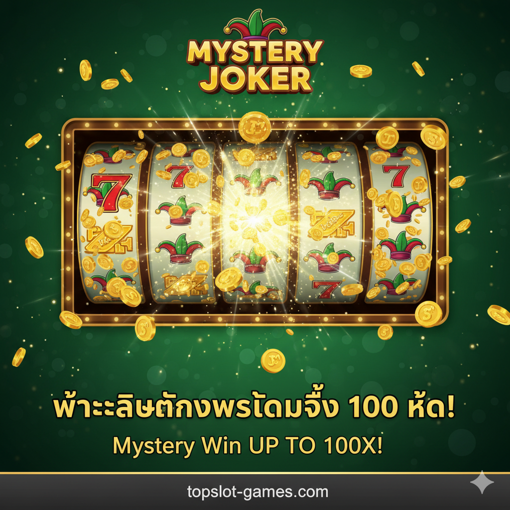 ภาพที่เน้นฟีเจอร์หลักของเกม. ตรงกลางของภาพคือโหมด Free Spins ของเกม, มีวงล้อ 3x3, เหรียญทองจำนวนมากและแสงสว่างที่ระเบิดออกมา. เน้นสัญลักษณ์กระจาย "Joker Hat" ที่ปรากฏบนหน้าจอ, พร้อมคำแนะนำเป็นภาษาไทย/อังกฤษว่า "Mystery Win UP TO 100X!". สีสันสดใส, เน้นสีเขียวและสีทอง, แทนความมั่งคั่งและรางวัล. การจัดองค์ประกอบควรเน้นไปที่ศักยภาพมหาศาลของ "Mystery Win"