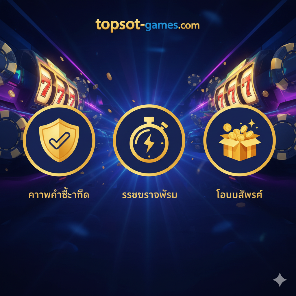 ภาพที่เน้นข้อดีของการเล่นเกมที่ topslot-games.com. พื้นหลังภาพเป็นธีมคาสิโน/สล็อตแบบนามธรรม, ด้านหน้ามีไอคอนและข้อความภาษาไทย 3 อย่างที่โดดเด่น: 1. "ความน่าเชื่อถือ" (เชื่อถือได้ - โล่/สัญลักษณ์การรับรอง), 2. "ระบบรวดเร็ว" (ระบบรวดเร็ว - นาฬิกาจับเวลาหรือฟ้าผ่า), 3. "โบนัสพิเศษ" (โบนัสพิเศษ - กล่องของขวัญ/เหรียญทอง). ภาพจะต้องมีโลโก้หรือ URL ของ topslot-games.com, ใช้สีที่เป็นธีมของเว็บไซต์ (ถ้าทราบ, มิฉะนั้นใช้การผสมสีน้ำเงิน/ทอง), เพื่อสร้างความรู้สึกเป็นมืออาชีพและน่าเชื่อถือ