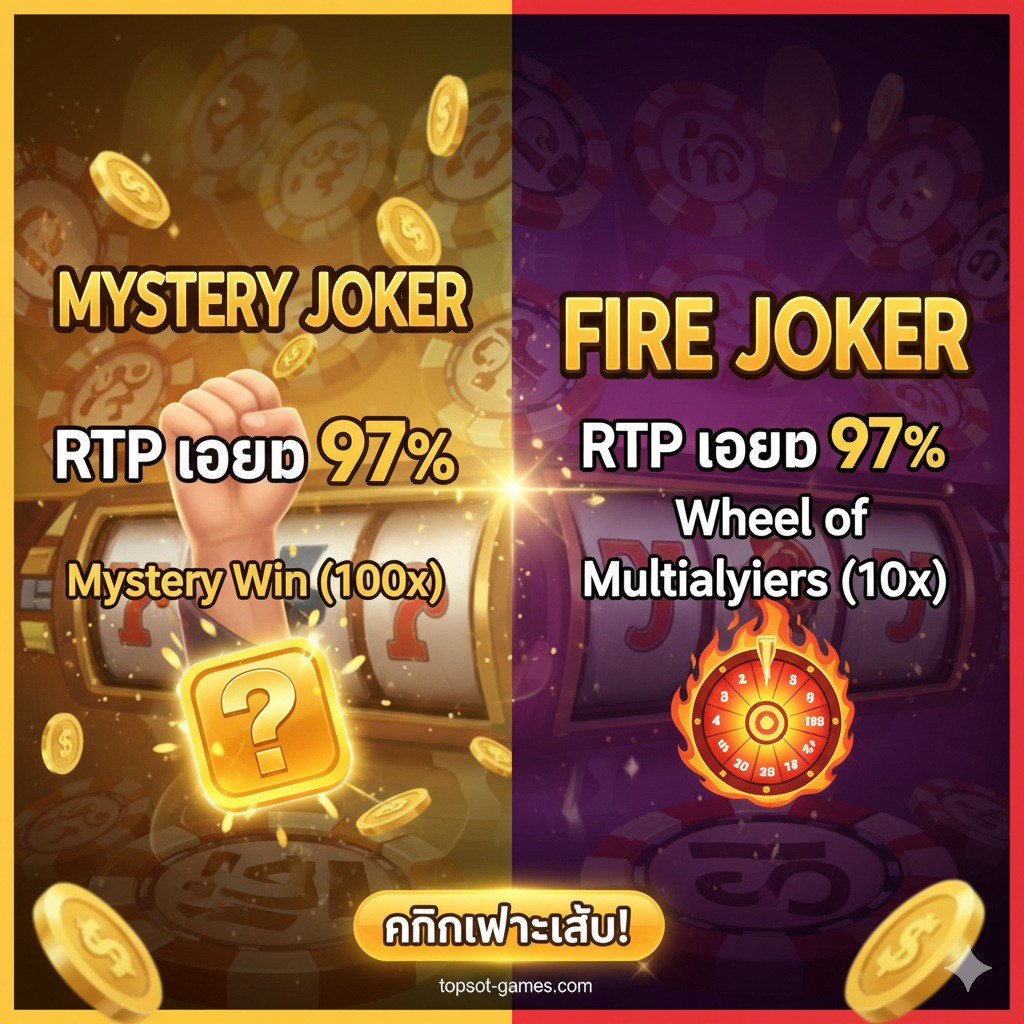 ภาพสรุปเปรียบเทียบ Mystery Joker และ Fire Joker. ใช้การจัดองค์ประกอบแบบแบ่งจอ (Split Screen) เน้นที่ "Mystery Joker" ทางด้านซ้าย, เน้น "RTP เกือบ 97%" และ "Mystery Win (100x)"; ด้านขวาคือ "Fire Joker", เน้น "Wheel of Multipliers (10x)". ภาพเปรียบเทียบที่เด่นชัด, ด้านซ้ายสว่างกว่าและโดดเด่น, พร้อมด้วยท่าทางแห่งชัยชนะหรือฝนเหรียญทอง, สุดท้ายนำผู้ใช้ไปคลิก "คลิกเพื่อเล่น!" เป็นการเรียกร้องให้ดำเนินการ (Call to Action)
