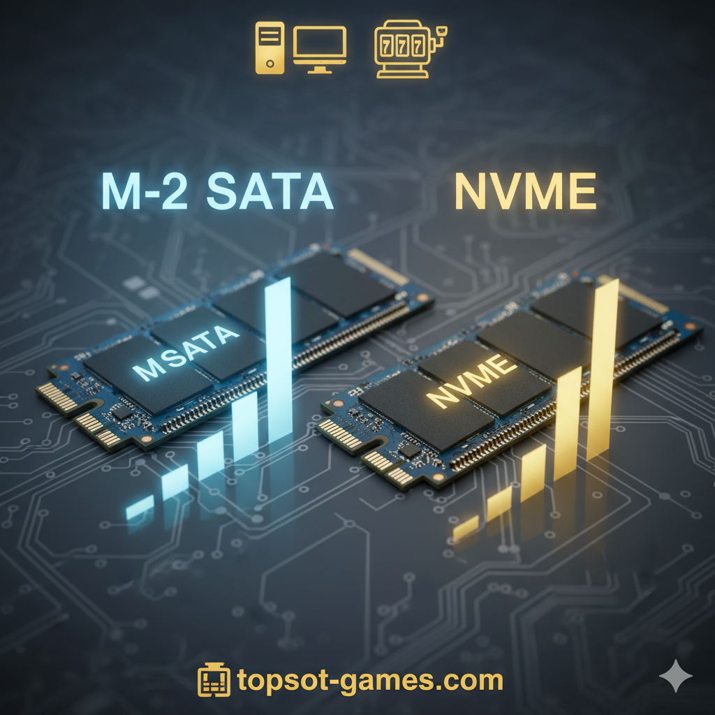 ภาพเปรียบเทียบเชิงเทคนิคสำหรับส่วน 'เจาะลึกเทคโนโลยี M.2' แสดงภาพแบบอินโฟกราฟิกที่แบ่งออกเป็นสองฝั่งชัดเจน ฝั่งซ้ายคือ M.2 SATA (โทนสีส้ม) และฝั่งขวาคือ M.2 NVMe (โทนสีฟ้า) โดยมีลูกศรแสดงทิศทางข้อมูลวิ่งออกจากชิปเซ็ต CPU ไปยัง SSDs ฝั่ง SATA ควรมีลูกศรขนาดเล็กและช้า (สูงสุด 600 MB/s) และฝั่ง NVMe ควรมีลูกศรขนาดใหญ่และพุ่งเร็วผ่านช่อง PCIe (PCIe Lane) พร้อมแสดงตัวเลขความเร็วเปรียบเทียบ 550 MB/s กับ 3,500 MB/s เพื่อเน้นให้เห็นถึงความแตกต่างของโปรโตคอลการสื่อสาร (SATA 3.0 และ PCIe)