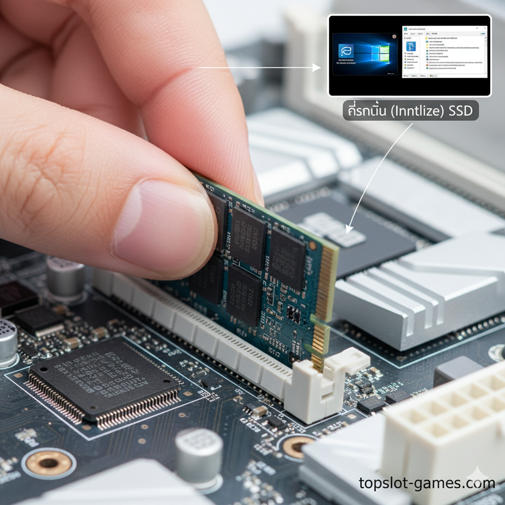ภาพขั้นตอนการติดตั้งสำหรับส่วน 'การเลือกซื้อและการติดตั้ง' แสดงภาพมือที่กำลังติดตั้ง M.2 SATA SSD ลงในสล็อต M.2 บนเมนบอร์ด (Mainboard) อย่างถูกต้อง โดยเน้นการซูมเข้าไปที่สล็อตและช่อง Keying (B Key หรือ B&M Key) ของ SSD ให้ชัดเจน มีลูกศรหรือเส้นประนำทางไปยังตำแหน่งที่ต้องขันน็อตยึด (Screw Point) อาจมีภาพเล็กๆ แทรกด้านข้างแสดงไอคอนของหน้าจอ BIOS/UEFI หรือ Disk Management ใน Windows