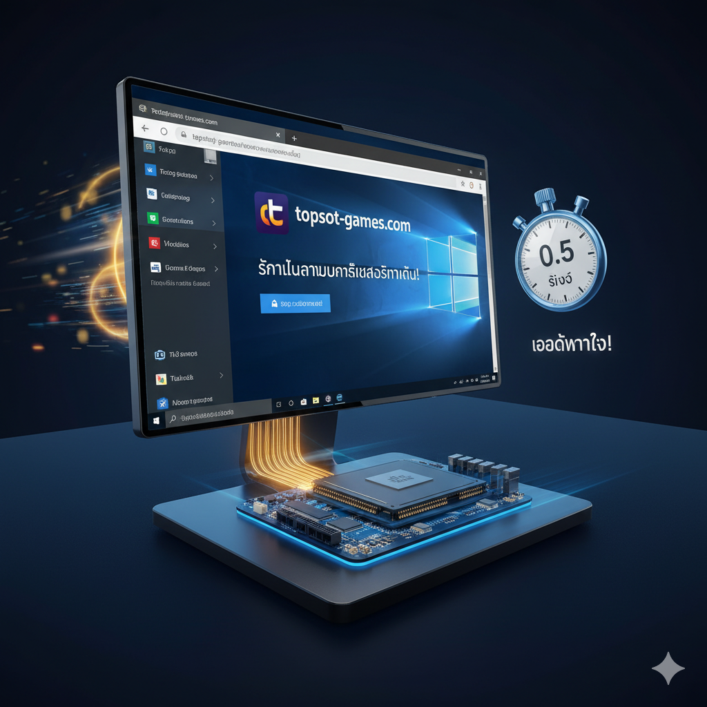 ภาพสรุปสำหรับส่วน 'บทสรุป' ที่เน้นผลลัพธ์สุดท้ายของการอัพเกรด ภาพแบบไดนามิกแสดง PC ที่กำลังบูตเข้าสู่ Windows หรือเปิดโปรแกรม Browser อย่างรวดเร็ว โดยมีนาฬิกาจับเวลา (Stopwatch) ที่แสดงเวลา '0.5 วินาที' หรือ 'Instant Load' เพื่อสื่อถึงความรวดเร็วในการพร้อมใช้งาน มีการวาง M.2 SATA SSD อย่างโดดเด่นในฉาก และมีโลโก้ของ topslot-games.com ปรากฏขึ้นในเบราว์เซอร์ที่เปิดอยู่ เพื่อเชื่อมโยงการอัพเกรดฮาร์ดแวร์โดยตรงกับประสบการณ์การเล่นเกมสล็อตที่ไร้รอยต่อและรวดเร็วทันใจ