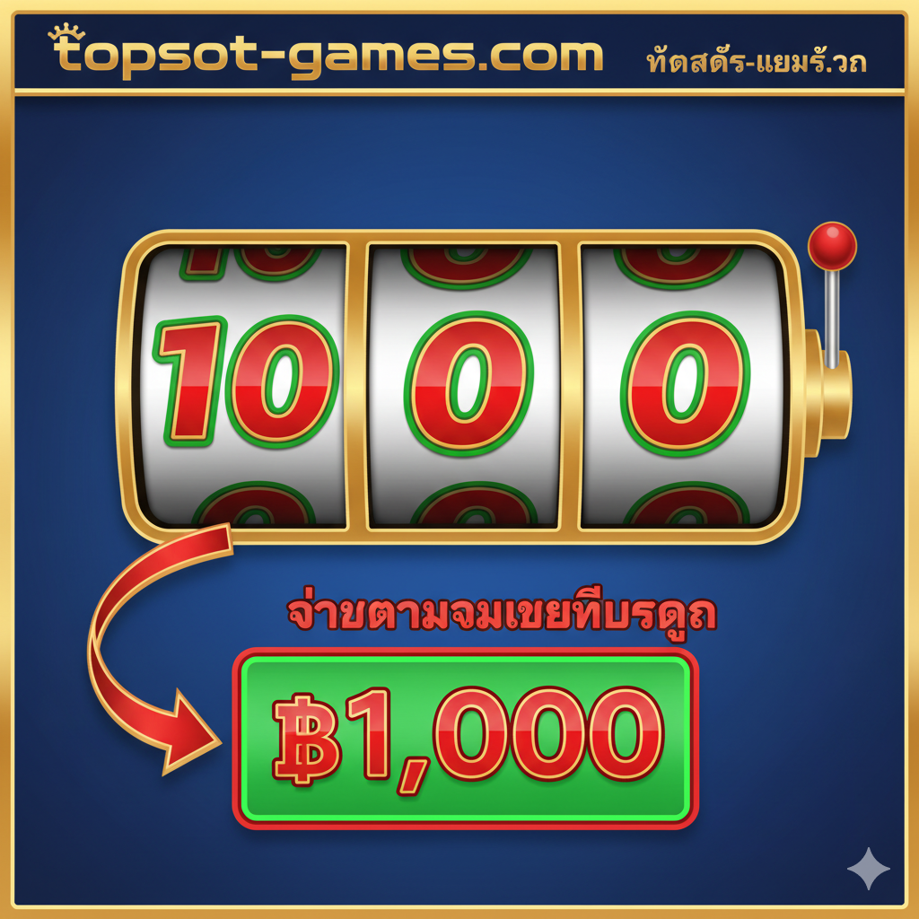 教程指导图，清晰演示'Win What You See'的支付方式。画面为3转轴，转轴上清晰地从左到右显示'10'、'0'、'0'，形成'1000'的数字组合。下方或旁边有一个巨大的、醒目的泰铢（THB）金额，例如'฿1,000'，并用箭头或线条将数字组合连接到支付金额，强调'จ่ายตามตัวเลขที่ปรากฏ'（按显示的数字支付）。构图简单直接，易于เข้าใจ，使用经典的红色和绿色字体突出胜利。