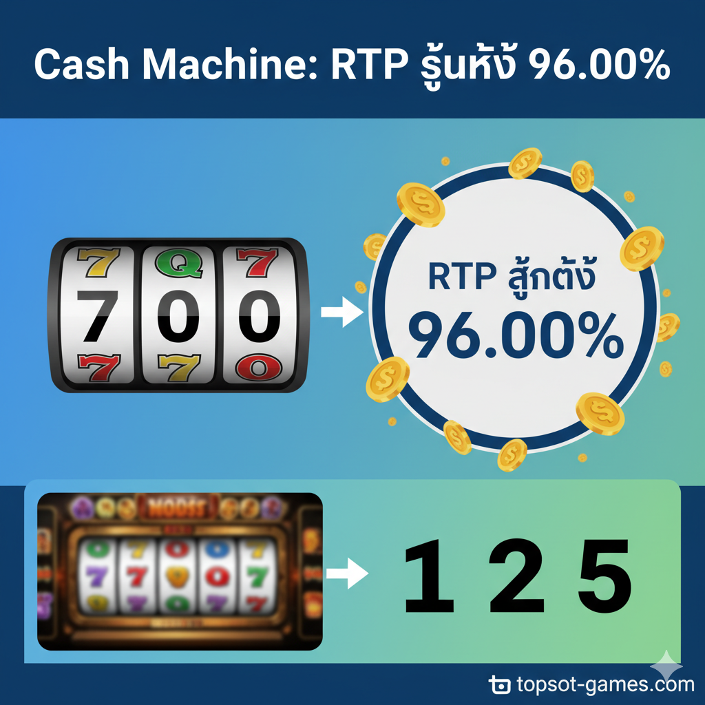 优势特点图，强调高RTP和简单性。画面设计为一个对比图或一个信息图表。左侧是一个简洁的3转轴界面，右侧是一个巨大的圆形图表或徽章，清晰显示'RTP 96.00%'。周围可以มี几个对比元素，例如一个传统复杂的老虎机图案（模糊），旁边是Cash Machine的清晰数字符号。整体背景采用蓝色或绿色，传达专业、可靠和高回报的感受，泰语标题突出'RTP สูงถึง 96.00%'。
