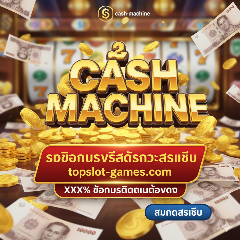 总结图，重点是行动号召和独家奖金。画面中央是一个巨大的'Cash Machine'标志，周围环绕着金币和泰铢钞票。前景有一个醒目的按钮或横幅，用泰语写着'รับโบนัสพิเศษเฉพาะสมาชิก topslot-games.com'（topslot-games.com会员独家奖金），并配有'XXX% โบนัสฝากเงินต้อนรับ'字样。构图应具有深度และ透视感，将玩家的注意力引向奖金和'สมัครสมาชิก'（注册）的行动。色彩丰富，充满活力และ诱惑力。