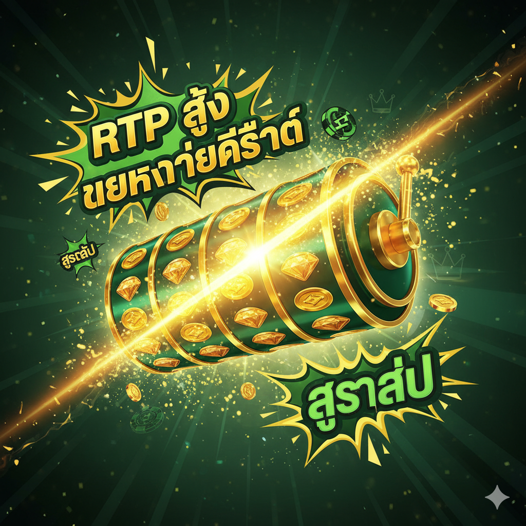 一张突出 'แตกง่าย' (容易爆奖) 和高 'RTP' 的优势图。核心元素是一组抽象的老虎机卷轴,卷轴上的符号全部排列成中奖组合 (例如三/四/五个相同的符号),并被一道耀眼的金色光芒贯穿。在图像的周围,用夸张的字体和爆炸性的效果,标注泰文关键词如 'RTP สูง' (高RTP)、 'แตกง่ายที่สุด' (最容易爆奖)、 'สูตรลับ' (秘密公式)。色彩对比强烈,使用鲜艳的绿色和金色,以传达巨大的财富和胜利的喜悦。构图应动态且具有冲击力,体现Republic Slot带来的巨大回报潜力。