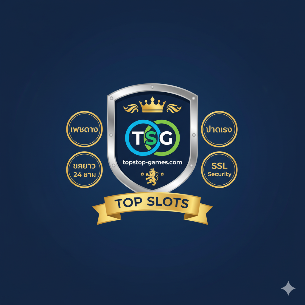 一张结合 'Republic Slot' 和 'topslot-games.com' 品牌信任度的总结图。设计应采用盾牌或徽章的形状作为核心，象征 'ความปลอดภัย' (安全) 和 'ความน่าเชื่อถือ' (可靠)。盾牌内融合 'Republic Slot' 的奢华元素 (如金色边框) และ 'topslot-games.com' 的代表元素 (如网站Logo或其独特的配色)。ใน盾牌周围，有小图标或短语 (泰文) 环绕，如 'เว็บตรง' (直营网站)、 'จ่ายจริง' (保证支付)、 'บริการ 24 ชม.' (24小时服务) และ 'SSL Security' (SSL安全)。整体风格稳重、专业，以深色背景衬托金色和银色的信任元素，提供一个坚实可信的视觉结论。