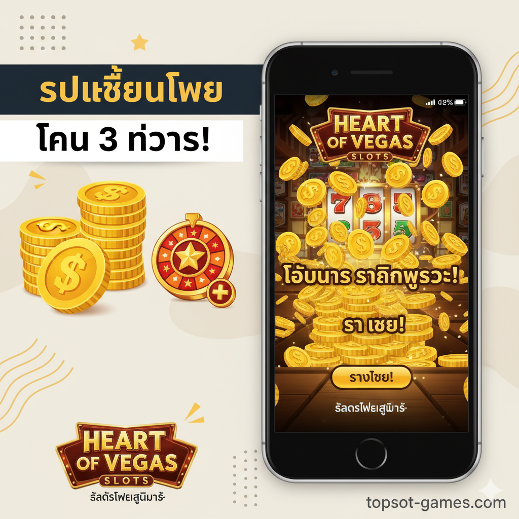ภาพเน้นคุณสมบัติ 'Heart of Vegas Free Coins' และโบนัสฟรีรายวัน จัดวางองค์ประกอบในลักษณะอินโฟกราฟิกที่ดึงดูดสายตา ด้านซ้ายเป็นไอคอนรูปเหรียญทองขนาดใหญ่และไอคอนรูปวงล้อโบนัส (Daily Bonus Wheel) ที่หมุนอยู่ มีข้อความตัวหนา 'รับเหรียญฟรีทุก 3 ชั่วโมง!' เป็นภาษาไทยหรืออังกฤษกำกับอยู่ด้านบน ด้านขวามือแสดงหน้าจอโทรศัพท์มือถือที่กำลังแสดงหน้าจอรับโบนัส เหรียญฟรีจำนวนมากไหลจากหน้าจอ สื่อถึงความถี่ของการแจกโบนัส โทนสีสว่าง (Bright and cheerful) เพื่อเน้นความคุ้มค่า