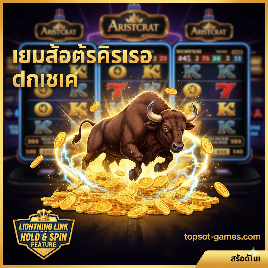 ภาพแสดงข้อได้เปรียบหลักของเกม คือการมีสล็อตแมชชีนชื่อดังระดับโลกอย่าง 'Lightning Link' และ 'Buffalo Slots' อยู่ในแอป จัดวางภาพสัญลักษณ์เกม Buffalo (รูปกระทิง) และสัญลักษณ์เหรียญทองจาก Lightning Link (Hold & Spin Feature) ที่โดดเด่นและมีพลัง มีฉากหลังเป็นกราฟิกสล็อตแมชชีนที่สมจริง สื่อถึงบรรยากาศคาสิโนจริง ๆ ของ Aristocrat มีคำว่า 'เกมสล็อตคาสิโนต้นฉบับ' หรือ 'Original Vegas Slots' ที่มุมใดมุมหนึ่ง เน้นความน่าเชื่อถือและความตื่นเต้นในการเล่นเกมดังระดับตำนาน