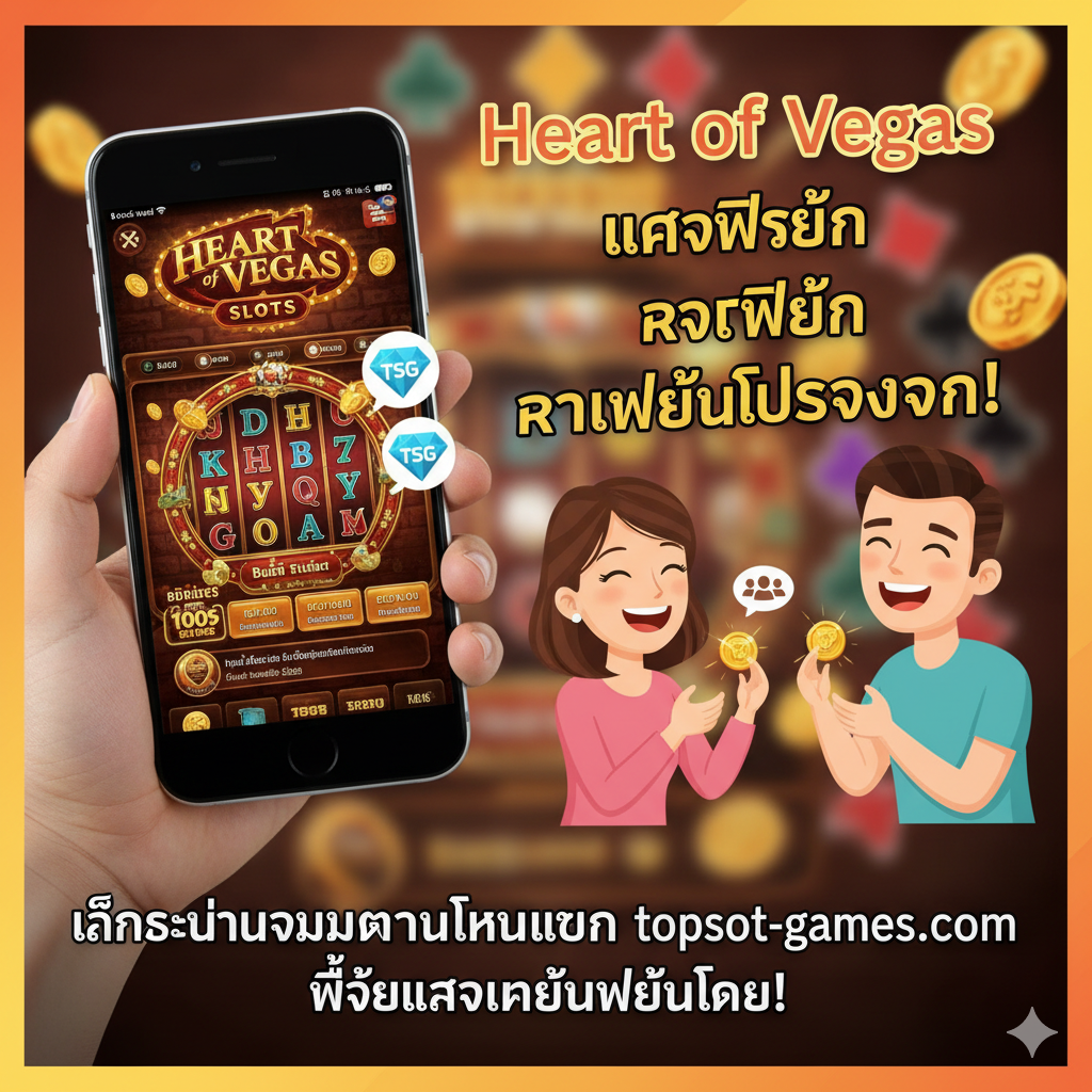 ภาพสรุปและเชิญชวนให้เข้าร่วมชุมชน Heart of Vegas Thai Community บน topslot-games.com จัดองค์ประกอบเป็นภาพโทรศัพท์มือถือที่กำลังแสดงหน้าจอเกม Heart of Vegas และมีภาพเล็กๆ ของไอคอน 'topslot-games.com' หรือไอคอนพูดคุย/กลุ่ม (Community/Forum Icon) อยู่ด้านข้าง มีการ์ตูนรูปเพื่อนสองคนกำลังแลกเปลี่ยนเหรียญทอง (Free Coins) กันด้วยความสนุกสนาน สื่อถึง 'Heart of Vegas แจกเพื่อน' เพื่อรับเหรียญฟรีทุกวัน เน้นย้ำข้อความ 'เข้าร่วมชุมชนไทยบน topslot-games.com เพื่อแลกเปลี่ยนเหรียญฟรี!' ใช้โทนสีที่อบอุ่นและเป็นมิตร (Warm and friendly colors) เพื่อส่งเสริมการมีส่วนร่วมของชุมชน