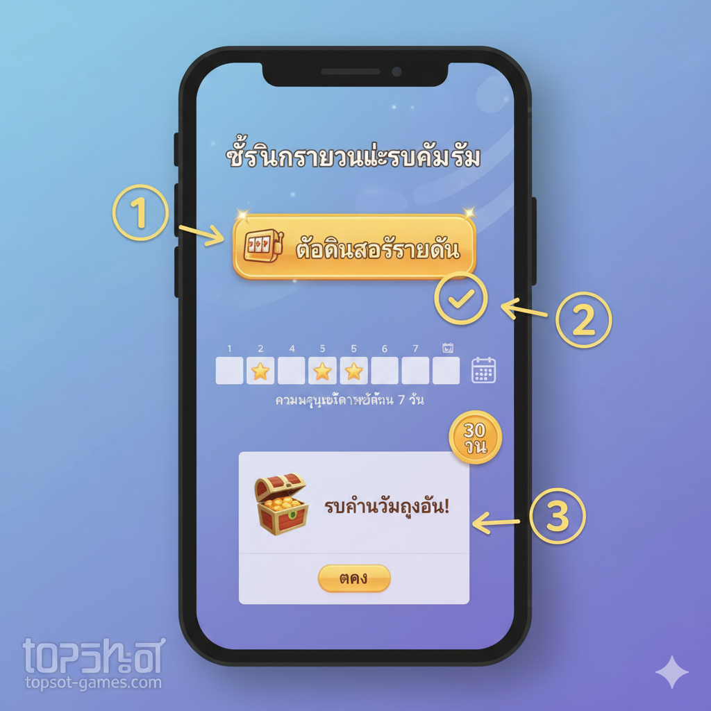 一张展示“Daily Check-in & Rewards”流程的图片。画面可以是一个手机屏幕的模拟界面，展示用户点击“Daily Slot Login”和“Check-in”按钮的步骤。用箭头或数字（1, 2, 3）指示从登录到领取奖励的流程，并在旁边展示一个连续签到7天/30天的进度条或日历，强调持续性。背景使用柔和的渐变色，营造出简单、易懂的操作体验，指导用户如何每日签到。