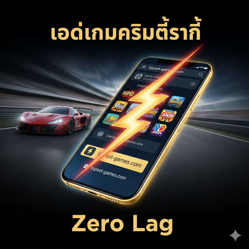 一张强调“速度”和“Zero Lag”优势的图片。核心元素是一个赛车或闪电的符号,与一个加载速度极快的手机或电脑屏幕相结合,屏幕上显示“topslot-games.com”和几个知名的老虎机游戏图标(PG, PP, JOKER)。使用鲜艳的对比色,如红色或黄色闪电在黑色背景上,营造出极速感。配文สามารถมี泰语“โหลดเกมเร็วที่สุด”或“Zero Lag”的字样,突出网站的技术优势和用户体验。