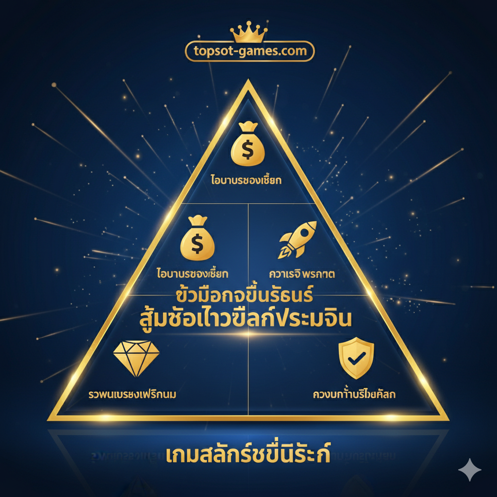 一张总结性的图片，将网站的四大核心优势（优惠、速度、奖励、信誉）以金字塔或钻石形状的结构排列。顶部是“topslot-games.com”，下方用四个小图标和泰语短语分别代表：💰 Best Bonus, 🚀 Super Speed, 💎 Premium Rewards, 🛡️ High Reliability。整体构图大气稳重，使用金色和白色的高亮效果在深色背景上，传达出“最佳选择”和“值得信赖”的强烈品牌信息。