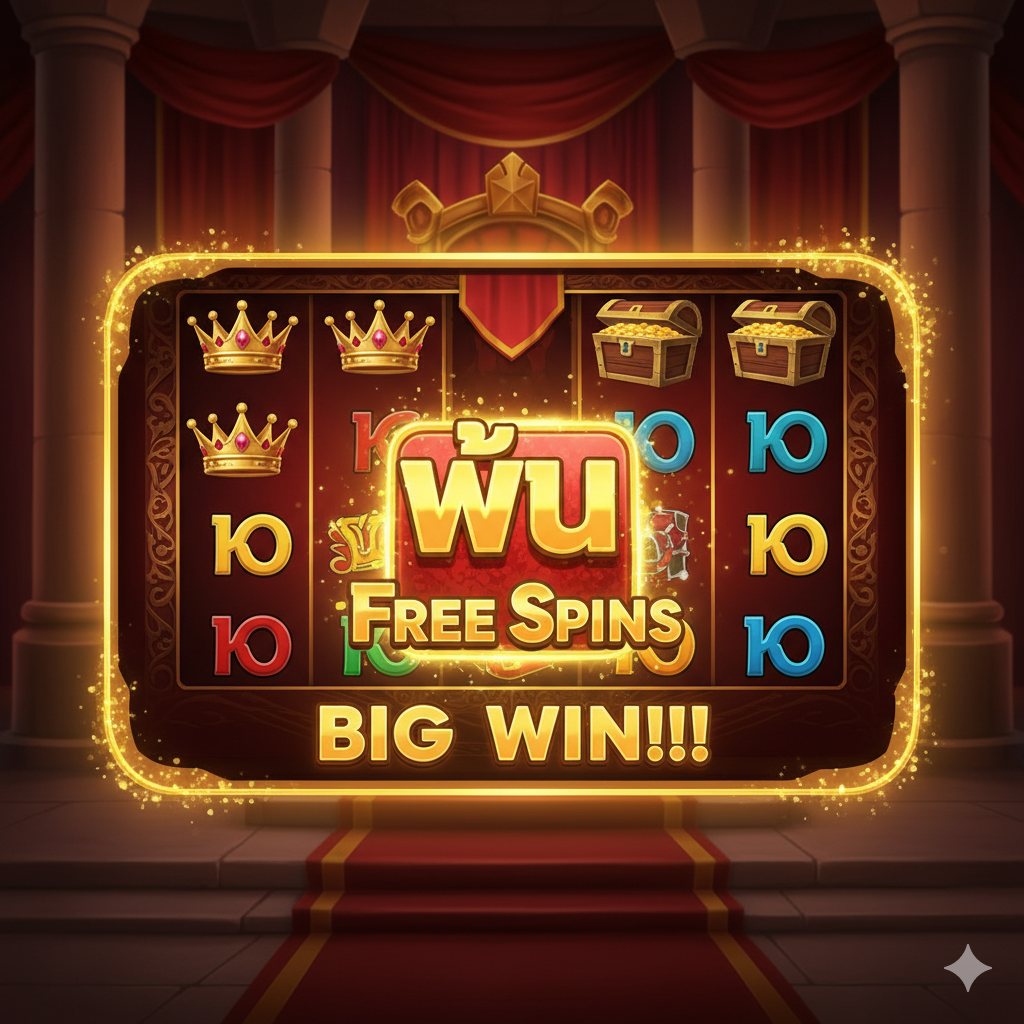 ภาพสำหรับส่วน '5 สุดยอดเกมสล็อตธีมราชาและอาณาจักร' ที่เน้นถึงฟีเจอร์เด่นของเกมสล็อตธีมปราสาท ภาพควรแสดงหน้าจอเกมสล็อตที่สว่างไสว ภายในฉากหลังเป็นห้องบัลลังก์หรือโถงปราสาทที่หรูหรา มีบัลลังก์ทองคำอยู่ตรงกลาง บนหน้าจอสล็อตควรมีสัญลักษณ์พิเศษที่โดดเด่น เช่น มงกุฎ (Crown), หีบสมบัติ (Treasure Chest), และไอคอน Free Spins ขนาดใหญ่ที่ถูกเน้นด้วยแสงเรืองรองสีทอง ใช้โทนสีแดงเลือดนกและทองคำเป็นหลัก เพื่อให้ความรู้สึกของราชวงศ์และความอุดมสมบูรณ์ เน้นความคมชัดของรางวัลใหญ่ (Big Win) ที่กำลังจะปรากฏบนวงล้อ。