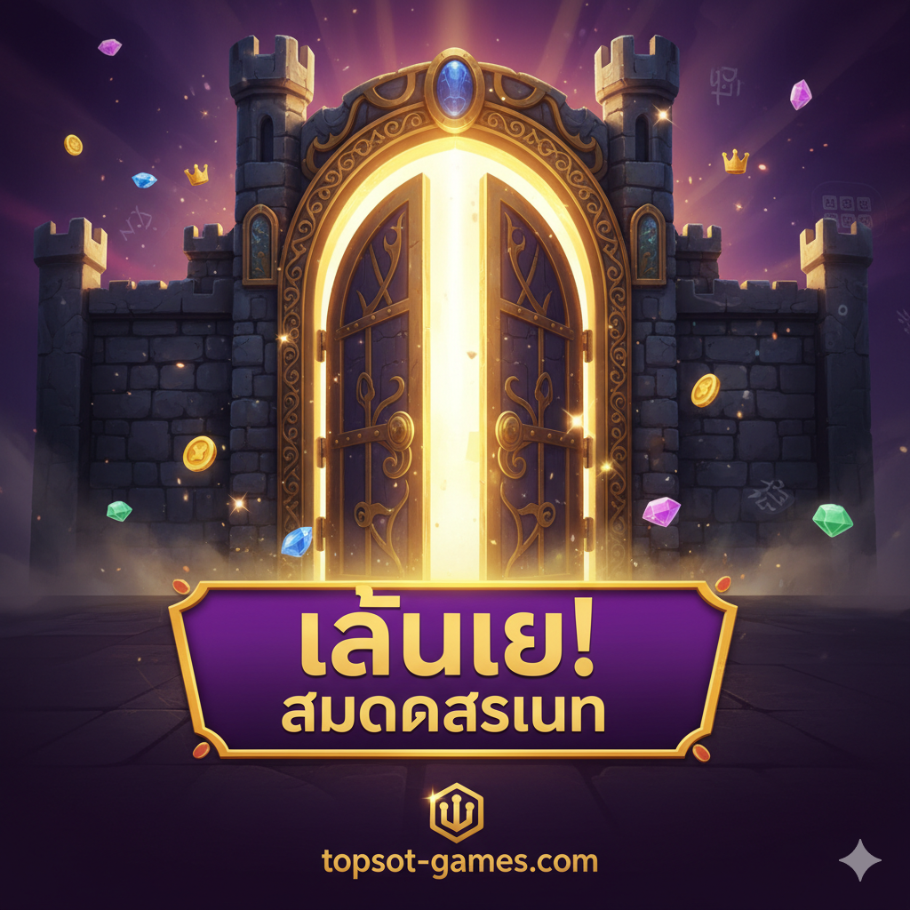 ภาพสรุปที่เป็น Call-to-Action ที่ชัดเจน ภาพควรเป็นกราฟิกสไตล์แฟนตาซี/เกม ที่มีประตูทางเข้าปราสาทที่เปิดอยู่และมีแสงสว่างจ้าออกมาจากด้านใน ประตูนั้นถูกล้อมรอบด้วยกรอบทองคำ มีป้ายข้อความว่า 'เล่นเลย!' หรือ 'สมัครสมาชิก' เป็นภาษาไทยที่โดดเด่นและเร่งเร้า ด้านบนหรือด้านล่างของภาพมีโลโก้ topslot-games.com ที่ดูน่าเชื่อถือและดึงดูดใจ ใช้สีที่ตัดกันอย่างชัดเจน เช่น ทอง, ม่วงเข้ม, และขาว เพื่อเน้นข้อความเชิญชวนให้ผู้ใช้เริ่มต้นการผจญภัยในอาณาจักรเกมสล็อตทันที สร้างความรู้สึกเร่งด่วนและน่าตื่นเต้น。